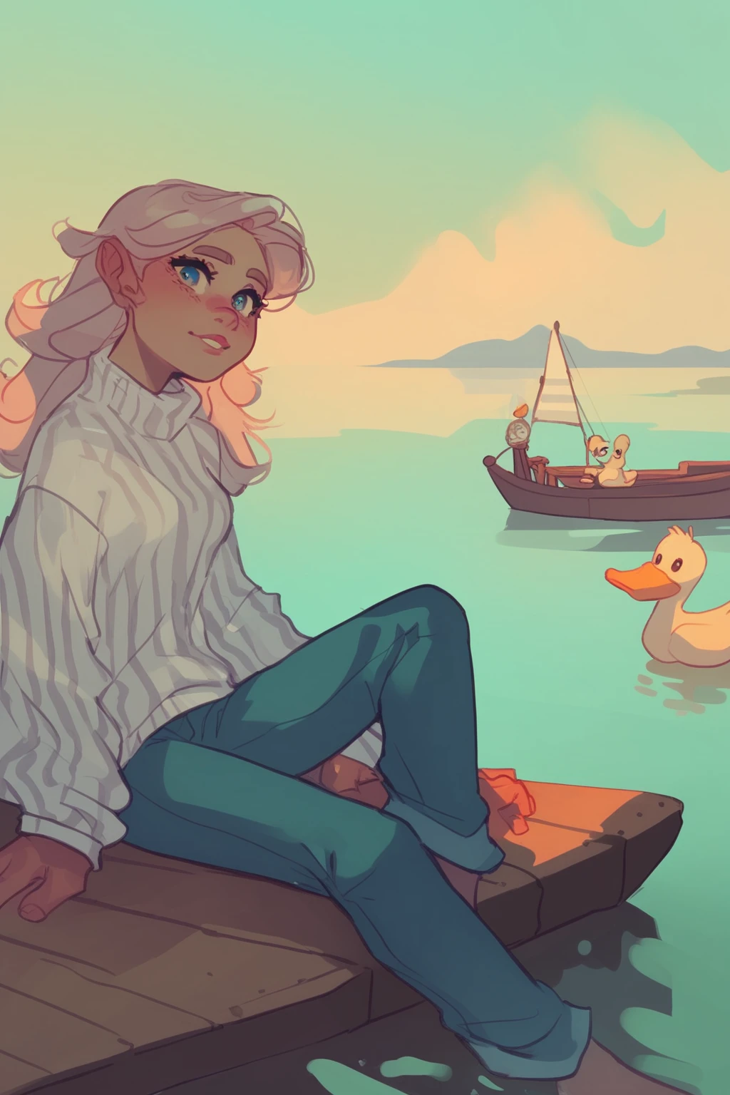 score_9, score_8_up, score_7_up, suikaelsiStyle, 1teen girl, pink and white striped sweater, blue jeans, sitting on pier, thoughtful expression, calm lake, boats, ducks