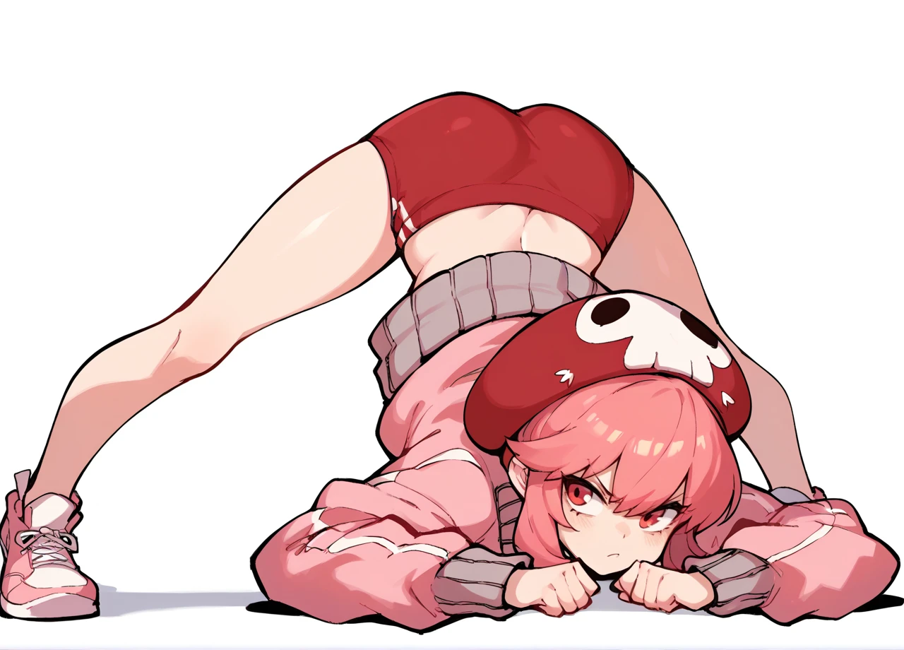 pink hair, sidelocks, 1girl, solo, white background, klknonalt, pink jacket, track jacket, red buruma, red headwear, skull print, white sneakers, top down bottom up, jack-o challenge <lora:KLK_Jakuzure-PONY:0.8>, score_9, score_8_up, score_7_up, score_6_up,