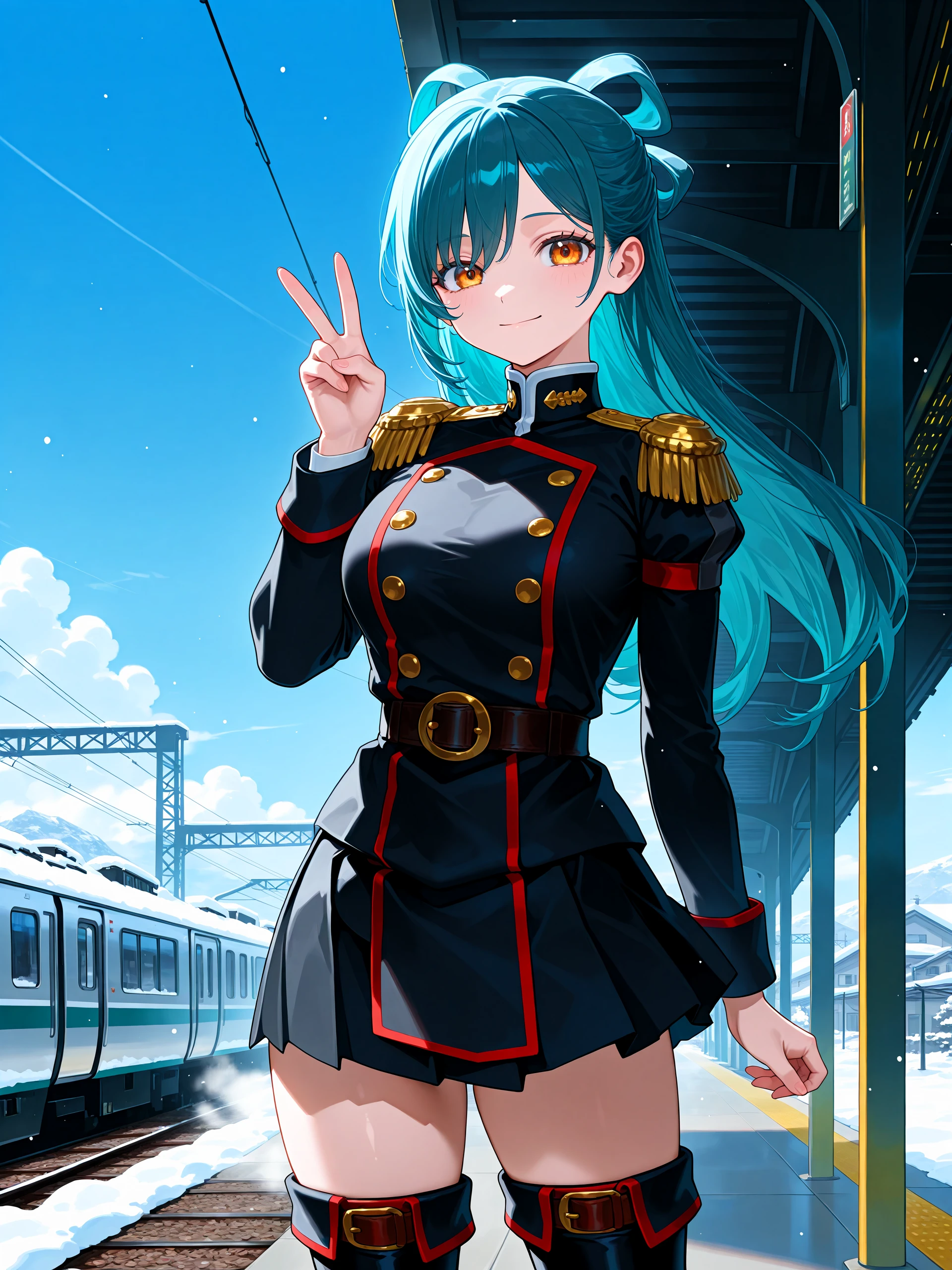 1girl, <lora:himari40:1>, himaazuma, black clothing, military uniform, epaulets, belt, skirt, thigh boots, looking at viewer, peace sign, v,  slight smile,
sunny, volumetric lighting, urban background, train station, cirrus clouds, blue sky, snow, cowboy shot,
high resolution, ultra-detailed, absurdres, masterpiece, best quality, good quality, newest