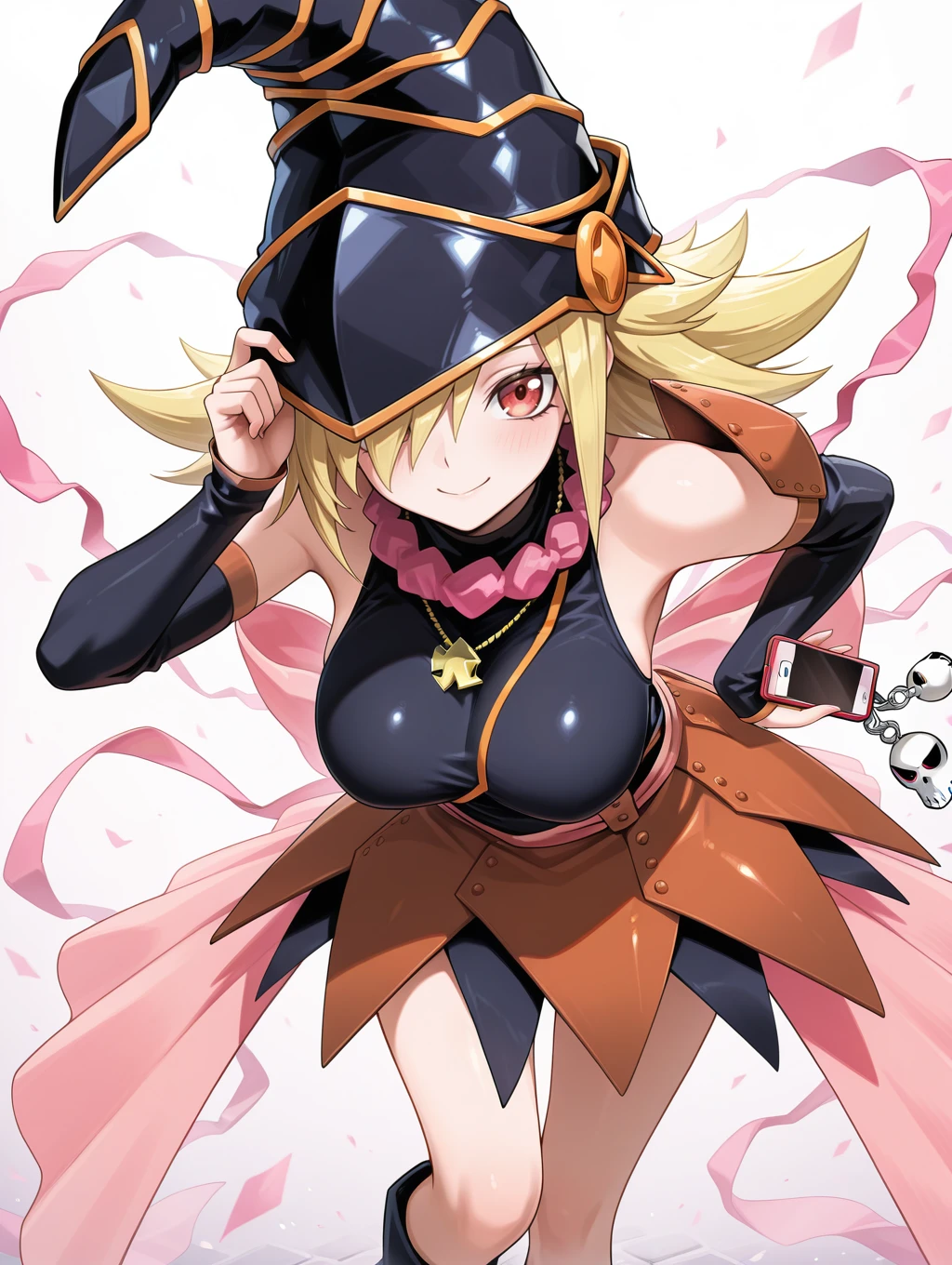 (masterpiece, best quality), 1girl,   <lora:Gagaga:0.8> GagaDef , short hair, blonde hair, red eyes, hair over one eye, breasts, large breasts, hat, bare shoulders, medium breasts, boots, detached sleeves, choker, blue footwear, duel monster, charm (object), wizard hat, gagaga girl