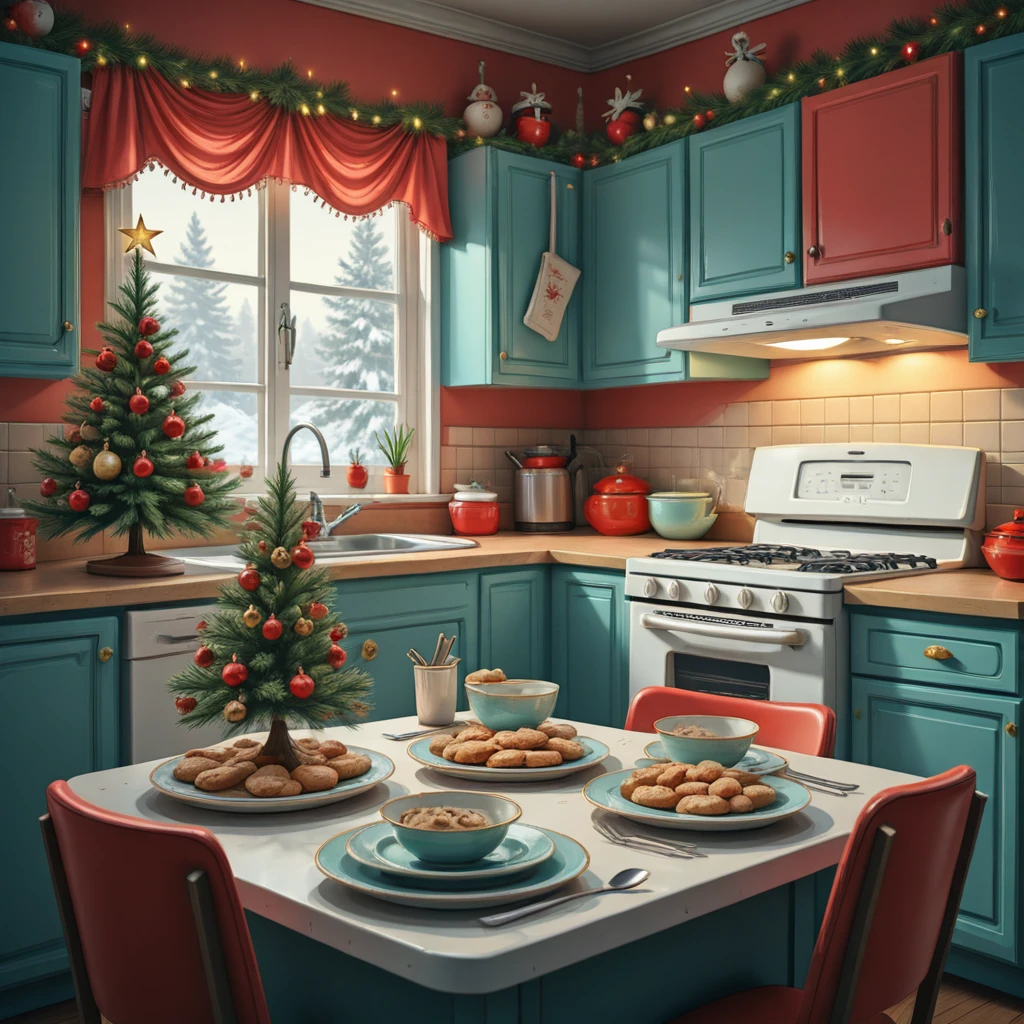 kitchen_christmas_style, a cozy kitchen decorated for Christmas with glowing string lights and teal cabinets.