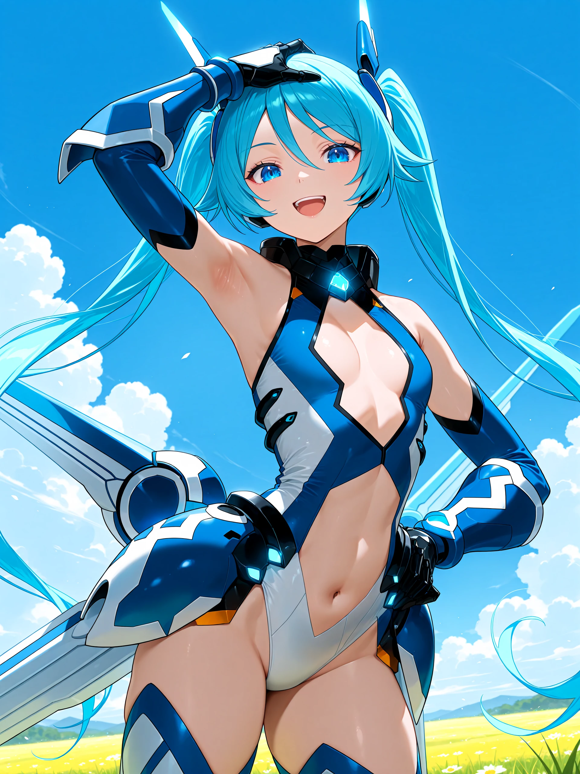masterpiece, best quality, highres, 1girl, solo, superhero, leotard, bare legs, boots, matching boots, aura, blue aura, sleeveless, gloves, bracelets, matching gloves, looking at viewer, light particles, city backdrop, perfect hands, perfect eyes, powering up, perfect leotard, perfect legs, perfect arms, perfect fingers, light blue and dark green leotard, green hair, aquamarine eyes, medium breasts, long hair, ponytail,