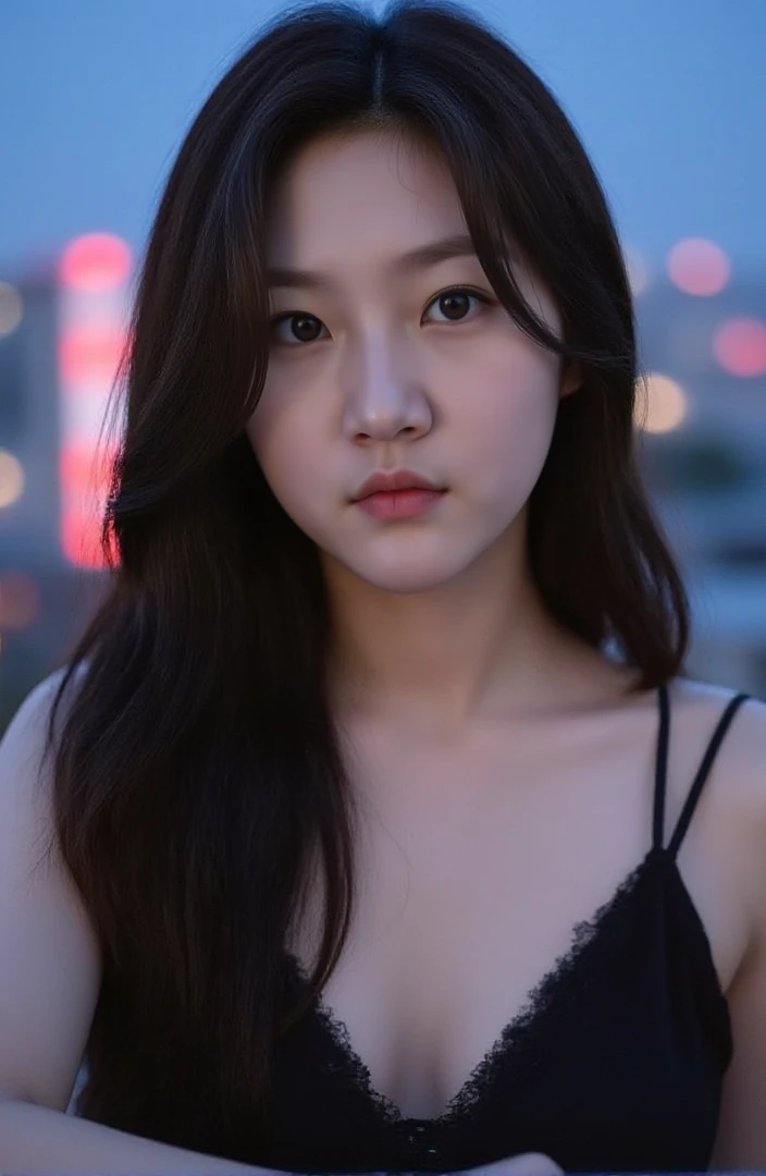 <lora:fluxx-saeron:1>,Photorealistic portrait of a stunning 30-year-old korean woman with silky black hair and two beauty marks (a mole under her eye and one under her mouth). She's taking a confident selfie in luxurious black lingerie, standing on the edge of a Tokyo rooftop at midnight. The background showcases a vibrant urban skyline with neon lights reflecting off the building glass. Detailed skin textures with natural lighting; shadows subtly contour her face and the cityscape., shot with a Canon EOS R5, 50mm lens, f/2.8 aperture