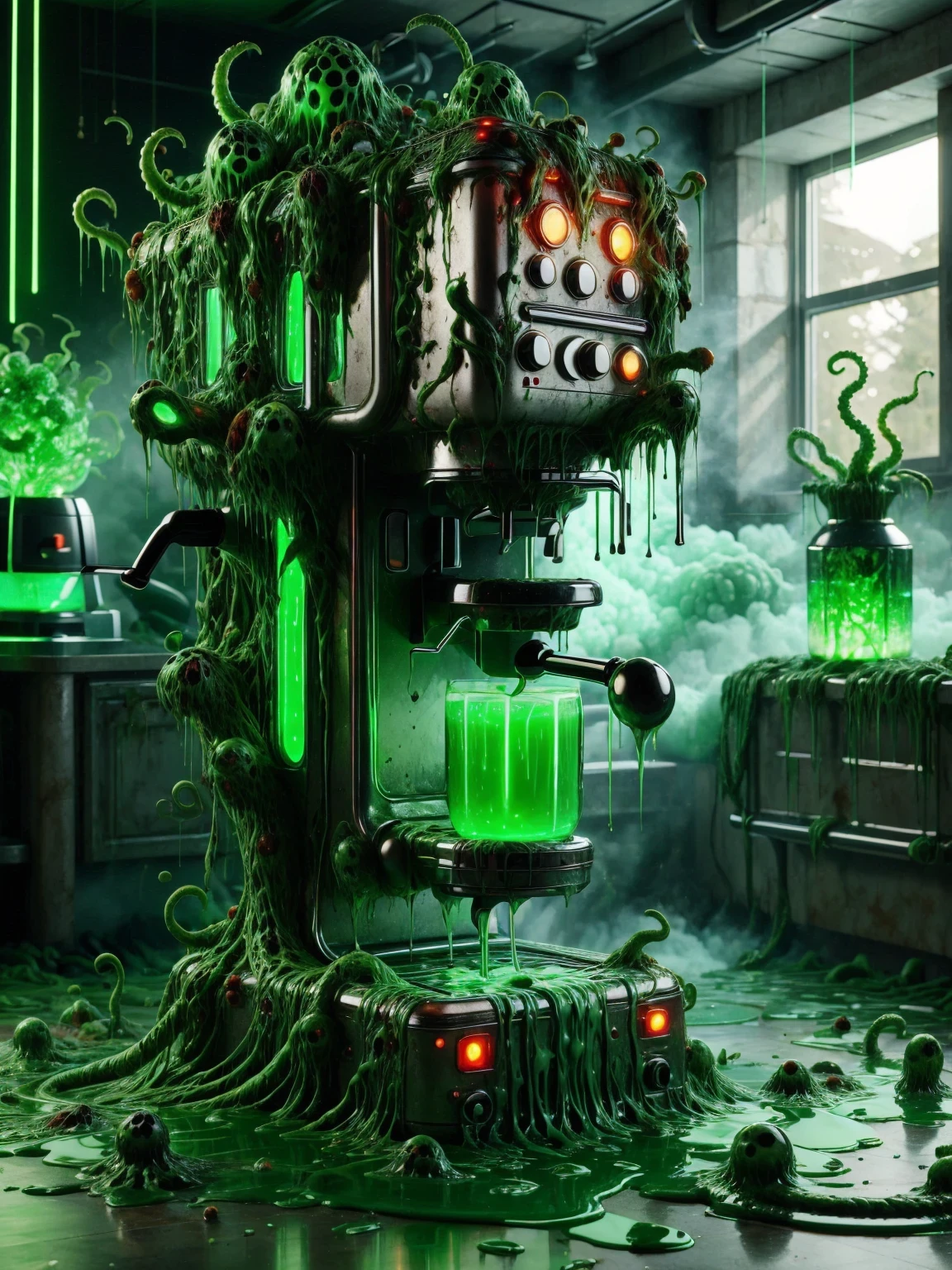 acidMutant coffee machine, green acid, venomous growths, orange organic masses, glowing <lora:acidMutant:1>