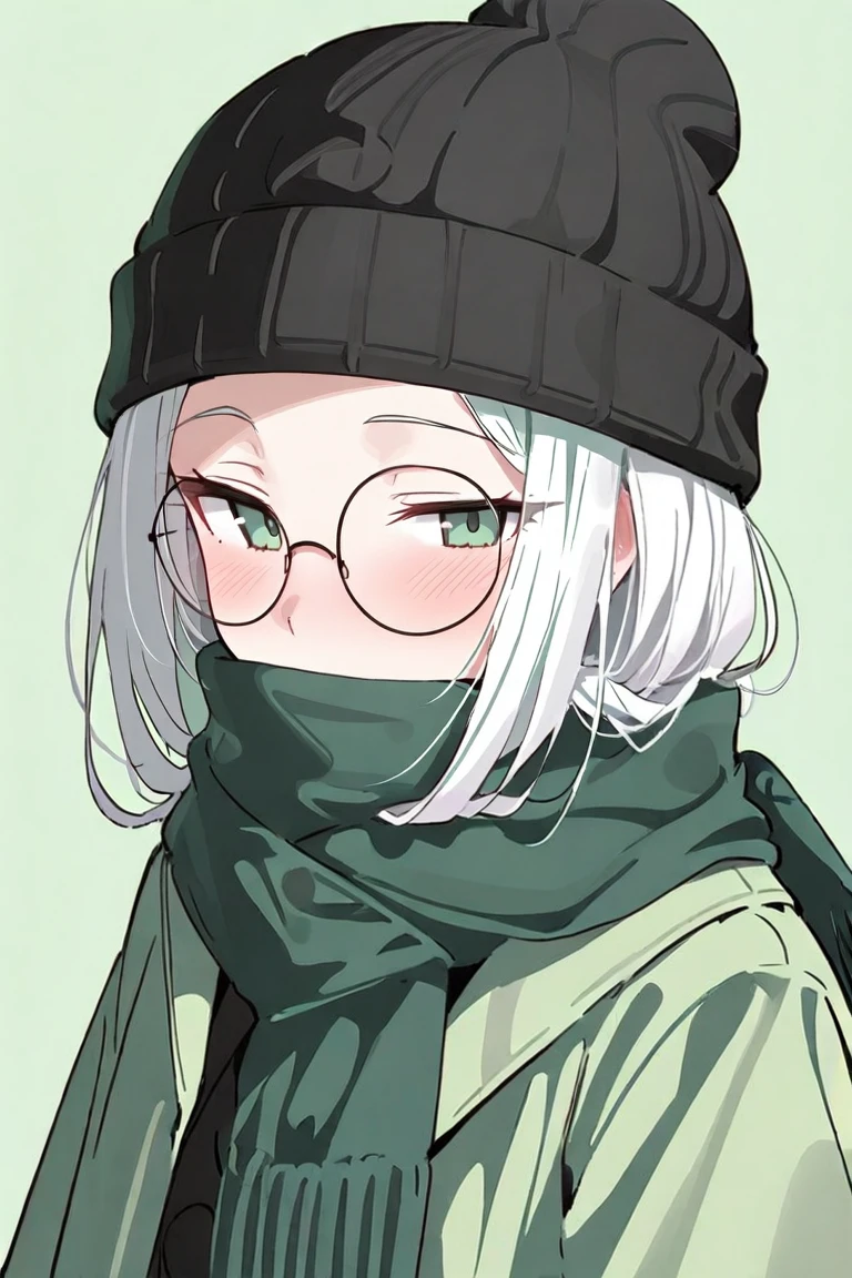 masterpiece, best quality, very aesthetic, absurdres, 1girl, solo, looking at viewer, blush, bangs, hat, green eyes, jacket, upper body, white hair, glasses, scarf, black headwear, green background, round eyewear, beanie, covered mouth, green theme, green scarf