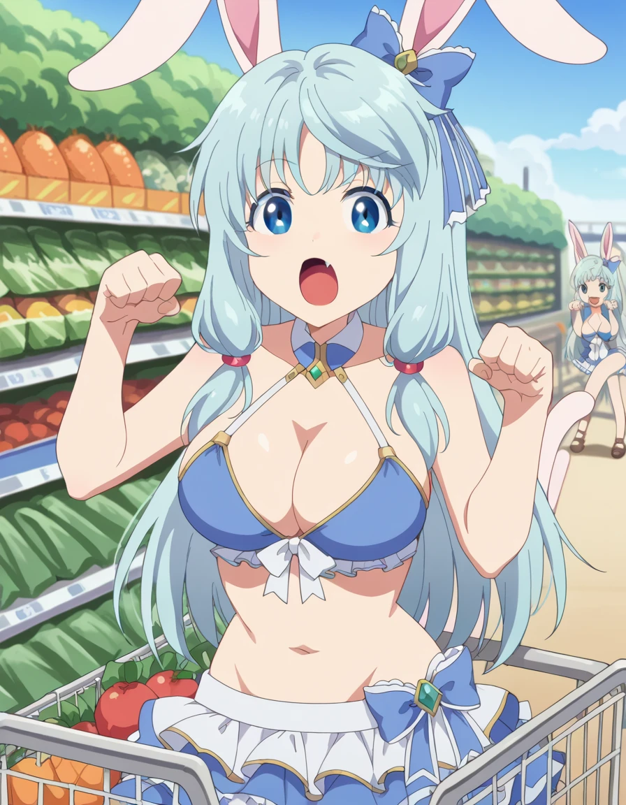 score_9, score_8_up, score_7_up, source_anime, <lora:shea-haulia-s3-ponyxl-lora-nochekaiser:1>, shea haulia, long hair, bangs, blue eyes, large breasts, bow, ribbon, animal ears, blue hair, hair bow, rabbit ears, sidelocks, anime screencap, skirt, cleavage, bare shoulders, frilled skirt, navel, swimsuit, bikini, midriff, bikini top only, blue bikini,, grocery store, shopping cart, picking fruits, everyday life, , <lora:paw-pose-ponyxl-lora-nochekaiser:1>, paw pose, cat ears, cat tail, animal ears, tail, cat girl, open mouth, fang, whiskers,, looking at viewer, solo,, dutch angle, cowboy shot