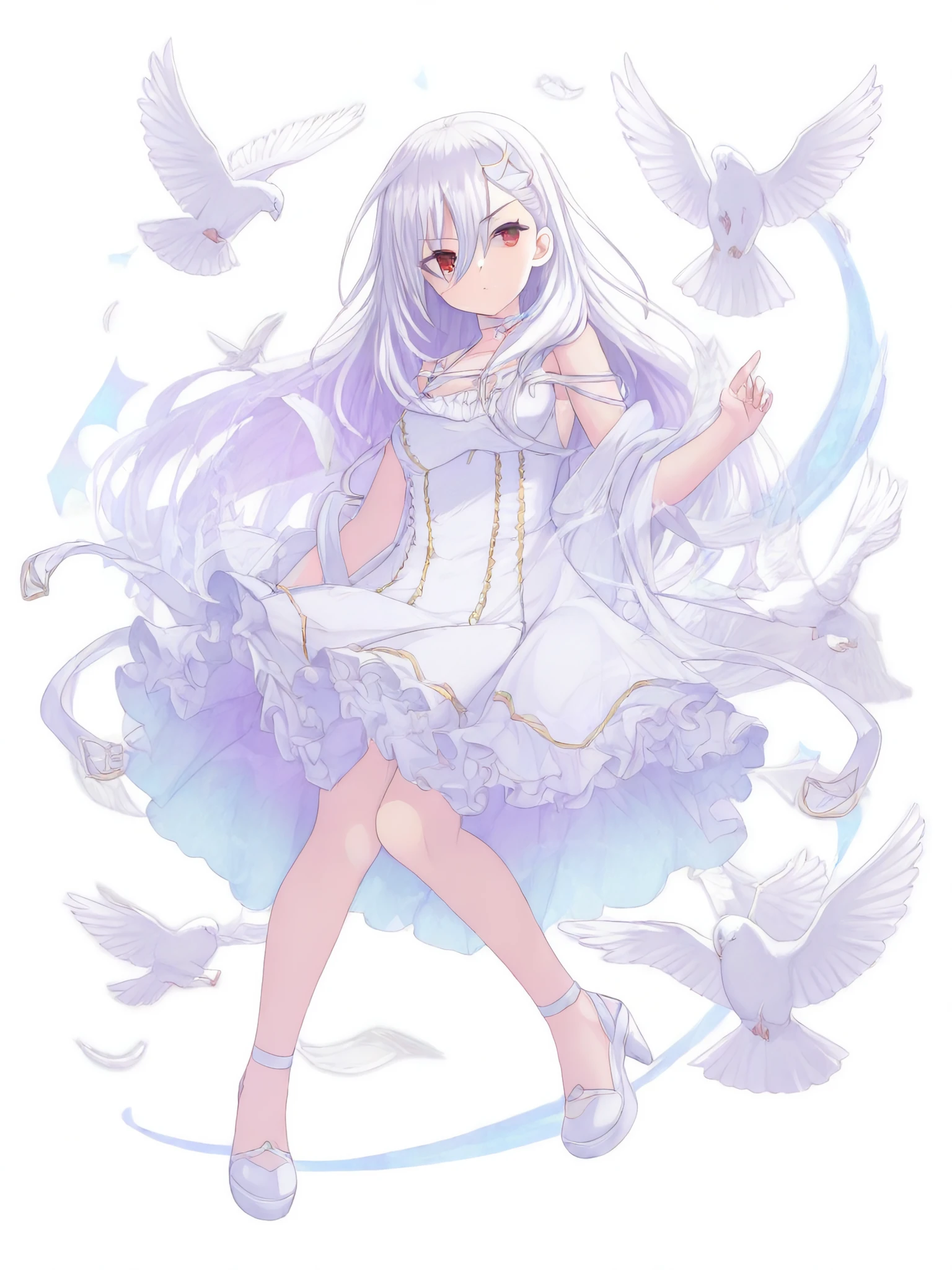 best quality, recent,  pastel_colors, watercolor_\(medium\),  1girl, sumeragi setsuna, ongeki, red eyes, white dress, freilled dress, white heels, dove, <lora:Setsuna/Illustrious/Sumeragi_Setsuna_-_Version_2>