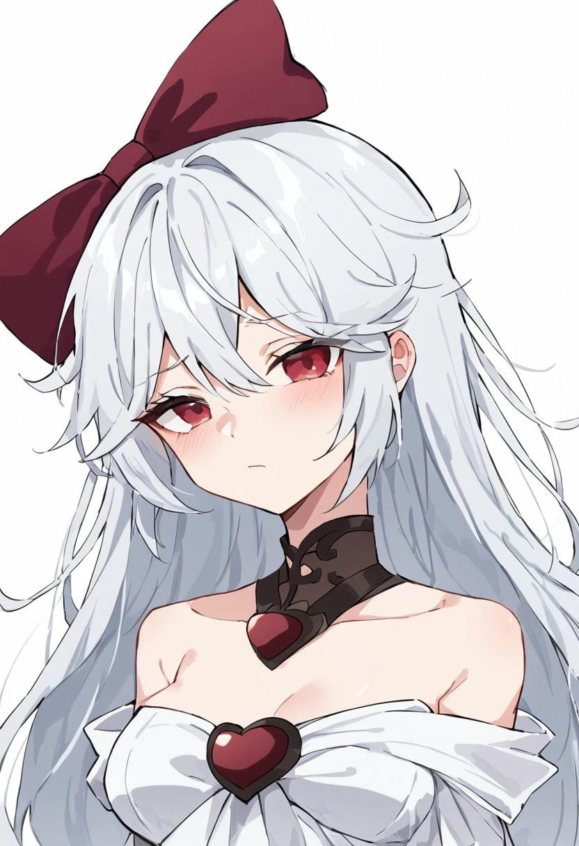 score_9, score_8_up, score_7_up, sinestrea, 1girl, white hair, bare shoulders, white dress, frown hair bow, long hair, heart brooch, medium breasts, hair bow, ribbon, red eyes,