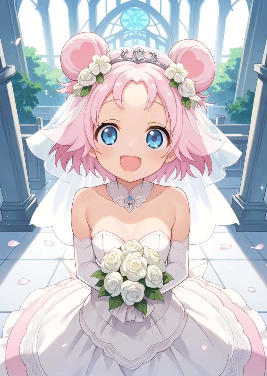 score_9, score_8_up, score_7_up, score_6_up, score_5_up, labra, blue eyes, pink hair, short hair, double bun, 1girl, solo, smile, open mouth, wedding dress, wedding veil, church,