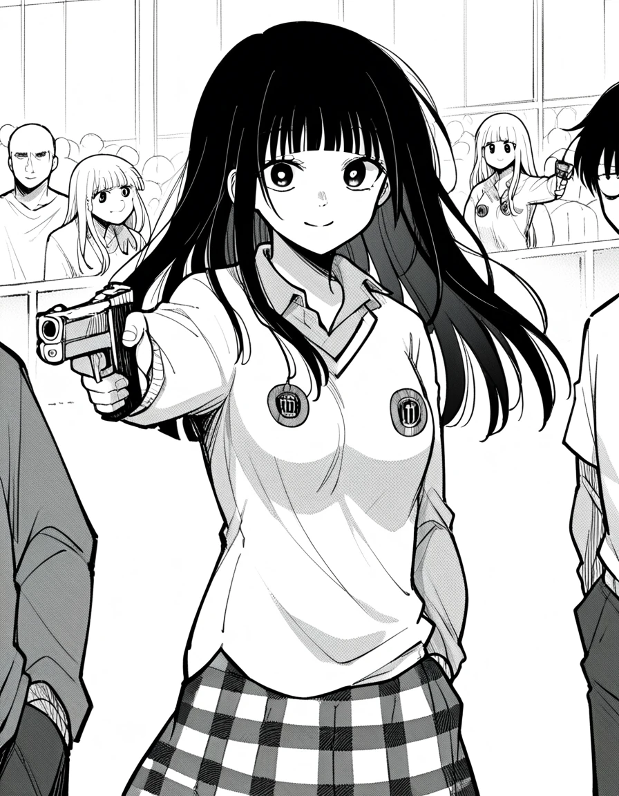 score_9, score_8_up, score_7_up, source_anime, <lora:minami-shirahama-manga-ponyxl-lora-nochekaiser:1>, minami shirahama, long hair, bangs, blunt bangs, bright pupils, medium breasts, monochrome, greyscale,, skirt, plaid, plaid skirt, sweater, long sleeves, shirt, white shirt, collared shirt,, apartment, building, rooms, residents, balconies, smile, <lora:yusuf-dikec-ponyxl-lora-nochekaiser:1> yusuf dikec, yusuf dikec (meme), meme, hand in pocket, handgun, holding gun, gun, shirt, t-shirt, pants, audience, cowboy shot,, looking at viewer, solo,, dutch angle, cowboy shot