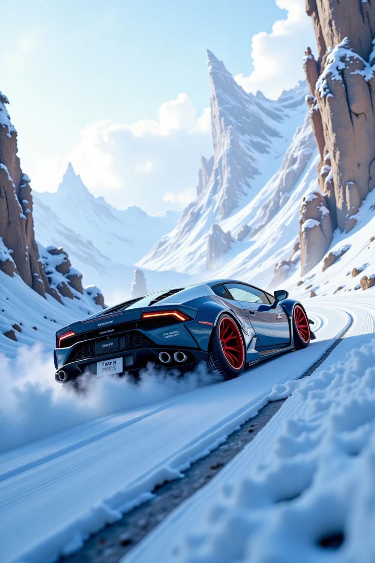 A futuristic cityscape from Zootopia's snowy mountainside, a sleek Lamborghini Huracán speeding down the winding road, with snow crystals gently falling around it. The vehicle's LED lights illuminate the foggy mist as it zooms by, leaving a trail of frosty vapor in its wake.