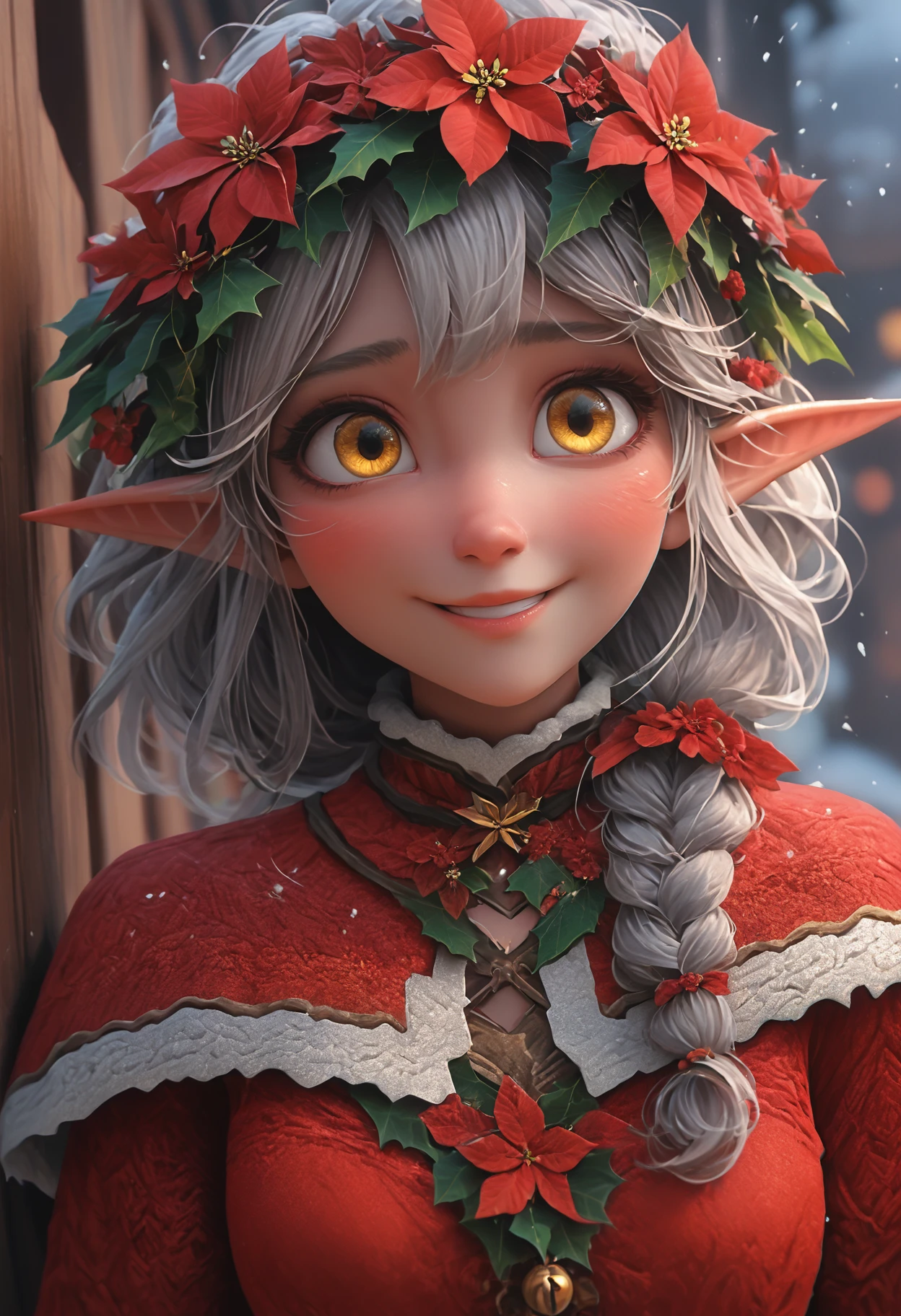 score_9, score_8_up, score_7_up, (rating_safe), female, (cute elf), ((lips)), silver hair, yellow eyes, long-sleeved dress, (red flower garland, poinsettia), christmas, snowing, upper body, close up, (shy, smile) <lora:Poinsettia_Pony:0.5>