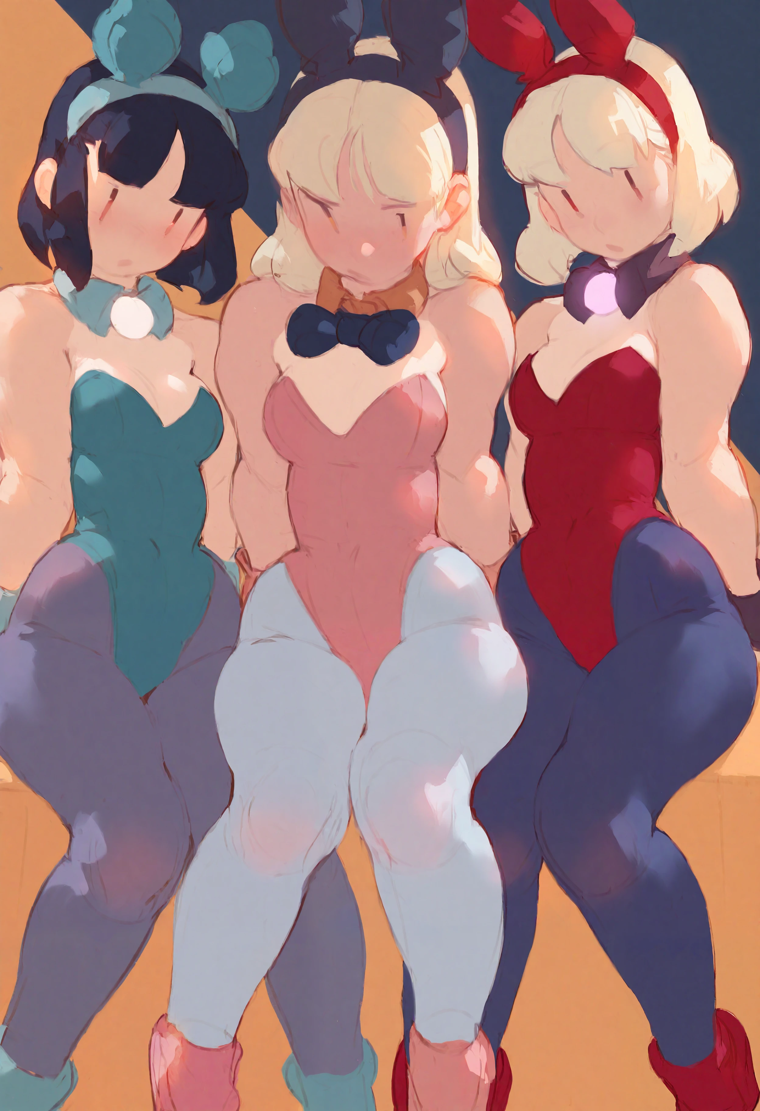 masterpiece, highres, absurdres, newest, very awa, sketch,   multiple girls, 3girls, ||, blonde hair, black hair, pantyhose, short hair, leotard, bow, red footwear, playboy bunny, breasts,  sitting, looking at viewer,  <lora:spo_sdxl_10ep_4k-data_lora_webui>,  <lora:NOOB_EPSv1_1_detailer_by_vlnvk_v1_0:0.4>, <lora:ponyv5_noobV065S_1_adamW-000013:0.4> <lora:nbekkaliev:0.8>,