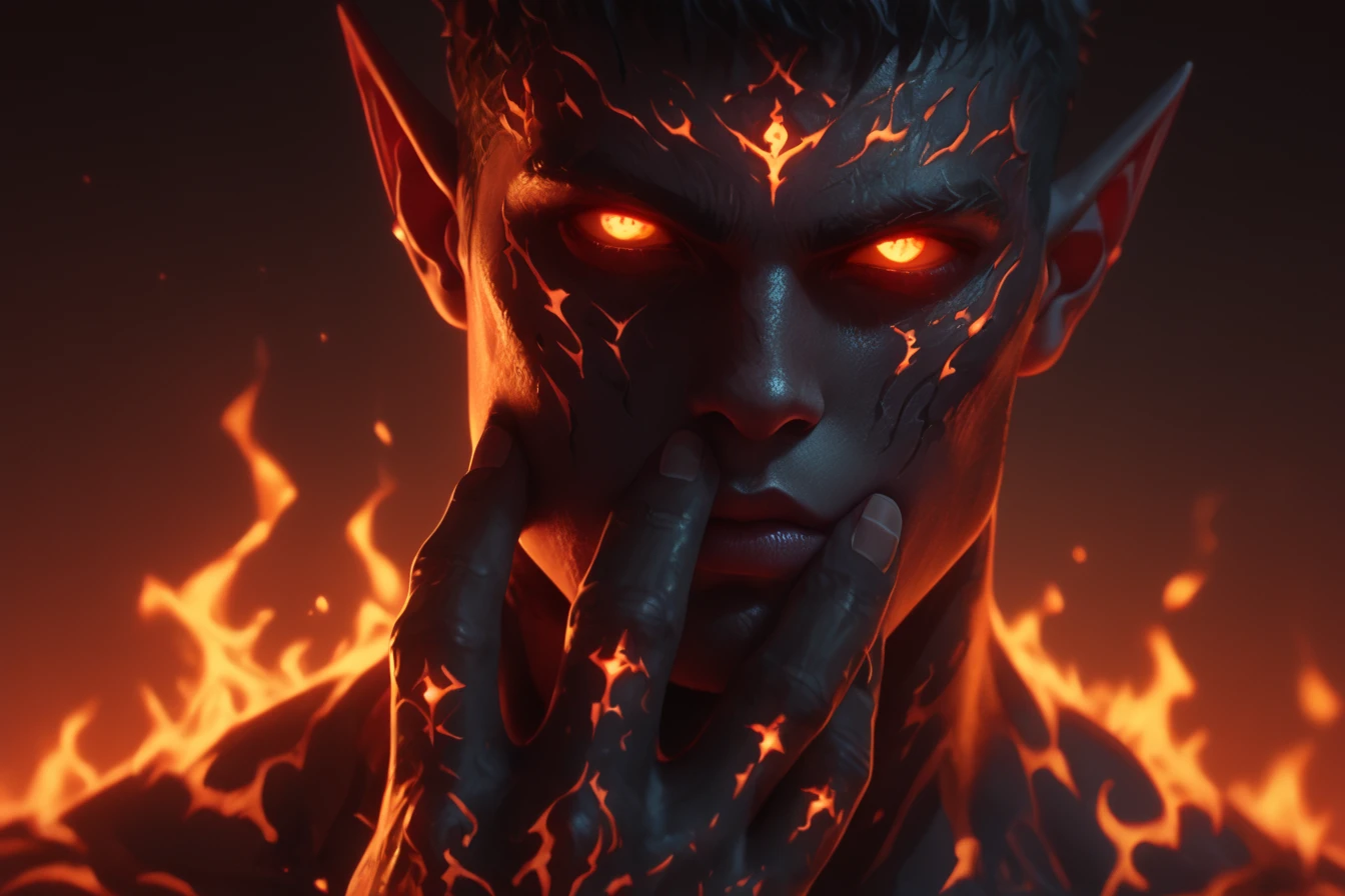 score_9, score_8_up, score_7_up, upscale 2x, (An evil, burning male elf, short black hair, black skin with fire runes carved on his skin, glowing eyes, holding his hand infront of his face, black skin, fire in background:1.2) 