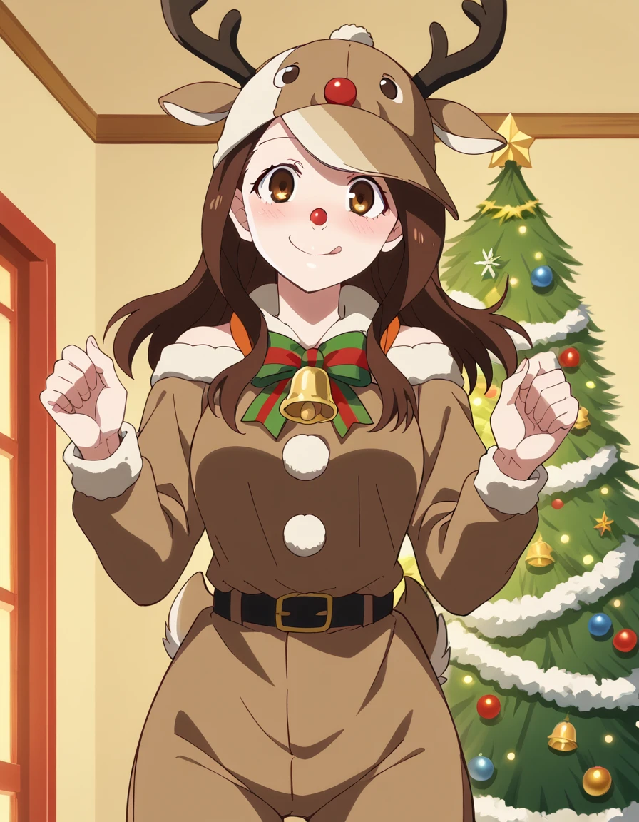 score_9, score_8_up, score_7_up, source_anime, <lora:izuko-gaen-offmonster-ponyxl-lora-nochekaiser:1>, izuko gaen, long hair, brown hair, brown eyes, medium breasts, anime screencap, <lora:reindeer-costume-ponyxl-lora-nochekaiser:1>, reindeer costume, animal costume, reindeer antlers, antlers, fake antlers, reindeer hood, christmas, red nose, deer ears, deer tail, christmas tree, bell, horns, reindeer,, blush, smile, tongue out, looking at viewer,, , dutch angle, cowboy shot