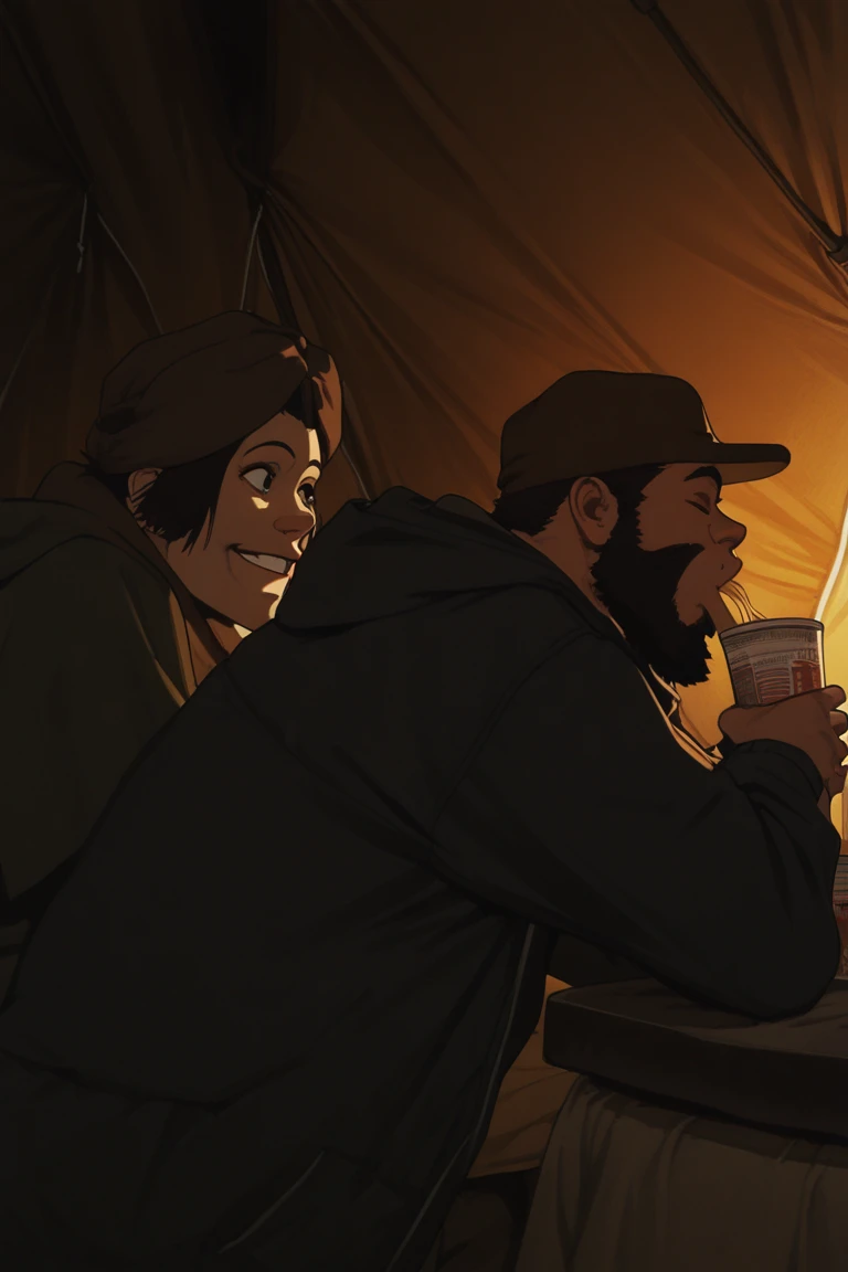 realistic shading, dim lighting, gay couple focus, looking at another, expressive face, HanaTG, brown_HanaTG_headwear, black_HanaTG_2ndmale hair, closed eyes, smiling, 2ndboy, GinTG, black_GinTG_facial hair, black_GinTG_male hair, red_GinTG_hat, black eyes, 1stboy, eating cup noodles, holding, shiny skin, cowboy shot, indoors tent, from side, dynamic angle, ark environment, intricately detailed illustration, masterpiece, best quality, amazing quality, very aesthetic, absurdres, newest