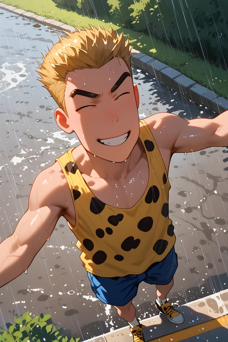 score_9, score_8_up, score_7_up, source_anime, rating_questionable, realistic shading, natural lighting, male focus, looking away, looking up, expressive face, yasuocsc, blonde_yasuocsc_male hair, closed eyes, 1boy, happy, grin, teeth, fang, muscular, cowboy shot, collar bone, summer theme, outstretched arms, open hands, tank top, shorts, cosplay, wet clothes, wet hair, water droplet on face, outdoors, raining, sunshower, sunny, road, bush, shadow, from above, dutch angle dynamic angle, intricately detailed illustration, depth of field, atmospheric perspective, masterpiece, best quality, amazing quality, very aesthetic, absurdres, newest, anime screencap