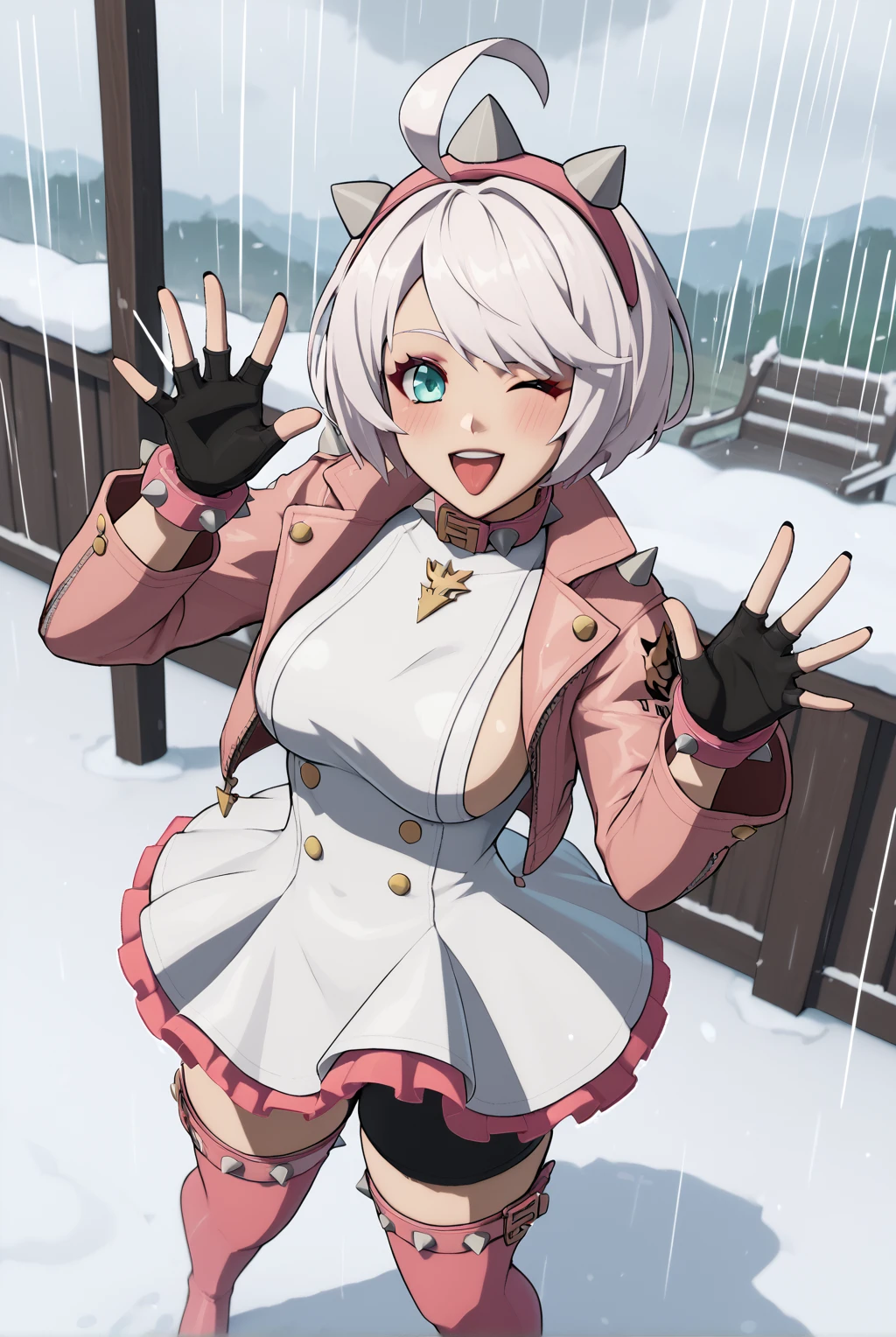 score_9, score_8_up, score_7_up, 1girl, elphelt valentine, looking at viewer, short hair, white hair, ahoge, aqua eyes, long sleeves, white dress, frilled dress, two-tone dress, pink dress, pink jacket, thighhighs, jewelry, black gloves, fingerless gloves, spiked collar, sideboob, thick thighs, pink thigh boots, bike shorts, spiked bracelet, pink hairband, leather jacket, bike shorts under skirt, spiked hairband, GGStrive outfit, GGS artstyle, double waving, black nails, blush, open mouth, tongue out, wink, smile, from above, looking at viewer, rain, snow, cloudy sky, storm, stormclouds, upper body, portrait