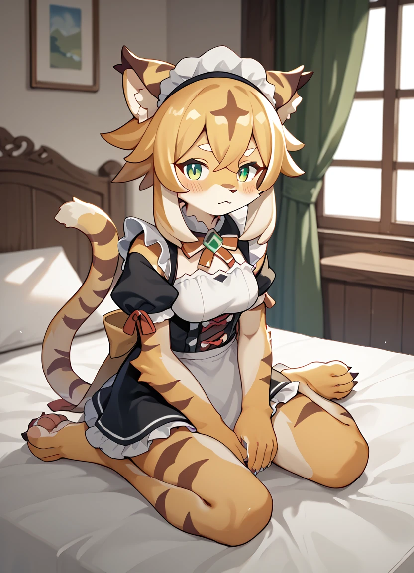 score_9,score_8_up,score_7_up,score_6_up,score_5_up,score_4_up, best quality, masterpiece, good hands,
1girl, solo, mia_(world_flipper), yellow fur, furry female, furry, tiger girl, tail, :3, medium breasts, green eyes, light blush, claws, 5fingers,
sitting, maid, indoors, on bed, full body, wariza, 