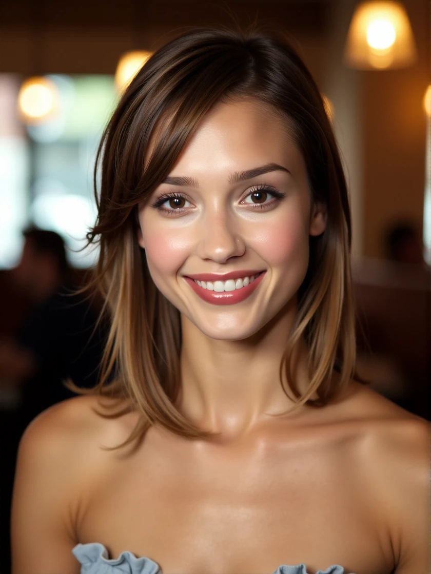 <lora:Jessica_Alba:1> woman, smiling, brown shoulder-length hair with blonde highlights, wearing a babydoll strapless dress, background is a restaurant, bokeh, backlighting, artificial lighting., looking directly at the viewer, looking directly at the camera, making eye contact, looking straight ahead, extreme close-up, zoomed, focus on face, centered, macro shot, face centered, focus on eyes, modest clothes, modest apparel, chest covered, modesty <lora:zz_s_Chest_Size_Slider:-2>, moist red lips, eye shadow, eye liner, blush, professional makeup