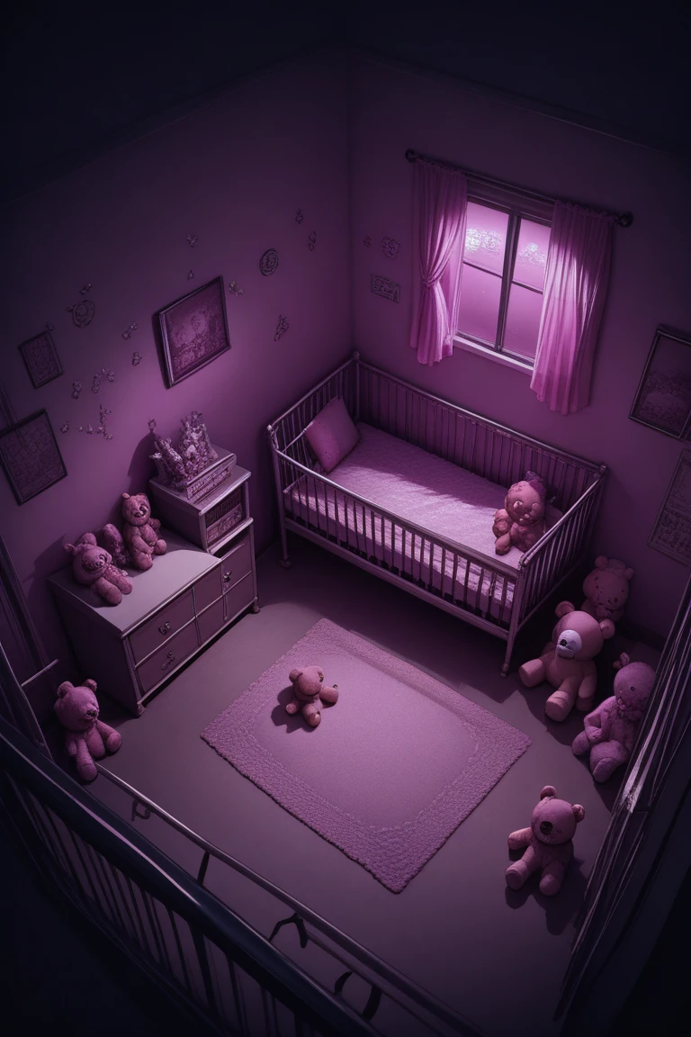 score_9, score_8_up, score_7_up, source_anime, rating_safe, realistic shading, dim lighting, dark environment, night, horror (theme), pink theme, teddy bear, stuffed toy, plushie, nursery room focus, danr, 1stclutter, crib, negative space, from above, dynamic angle, intricately detailed illustration, depth of field, atmospheric perspective, masterpiece, best quality, amazing quality, very aesthetic, absurdres, newest