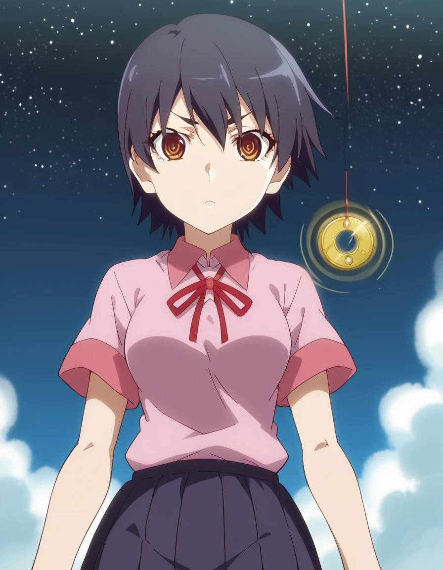 score_9, score_8_up, score_7_up, source_anime, <lora:suruga-kanbaru-offmonster-ponyxl-lora-nochekaiser:1>, suruga kanbaru, kanbaru suruga, short hair, black hair, brown eyes, medium breasts, anime screencap, skirt, school uniform, naoetsu high school uniform, pink shirt, collared shirt, purple skirt, pleated skirt, ribbon,, planetarium, stars, sky, seats, dome, , <lora:pendulum-ponyxl-lora-nochekaiser:1>, pendulum, holed coin, coin on string, hypnosis, mind control, coin, @ @,, looking at viewer, solo,, dutch angle, cowboy shot