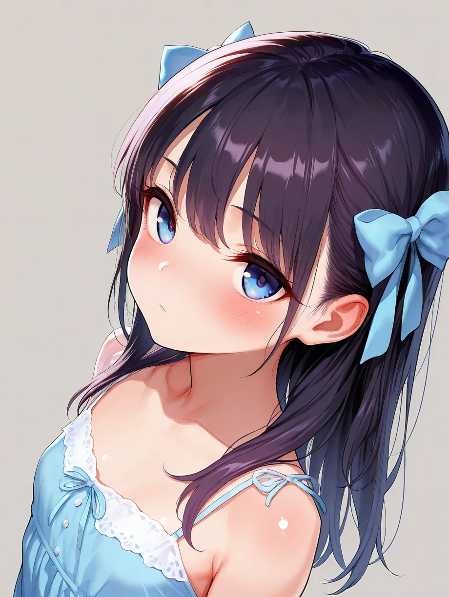 masterpiece,amazing quality,best quality,ultra-detailed,8K,illustration,CG,shiny hair,clear skin,ultra-detailed-eyes,simple background,cute girl, eyelashes <lora:hair ribbon_illustrious_V1.0:1> hair ribbon,dress,petite girl