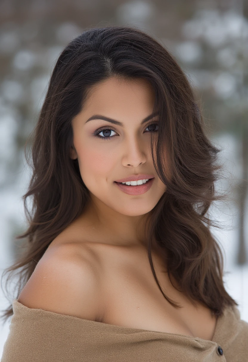 the image is a high-quality professional  close-up photograph of  beautiful raquelpomplun. She is wearing budget sarashi. She is looking directly at the viewer and smiling. The background is winter. This photo is a headshot. Shot with small amount of film grain. This is a SFW image. 