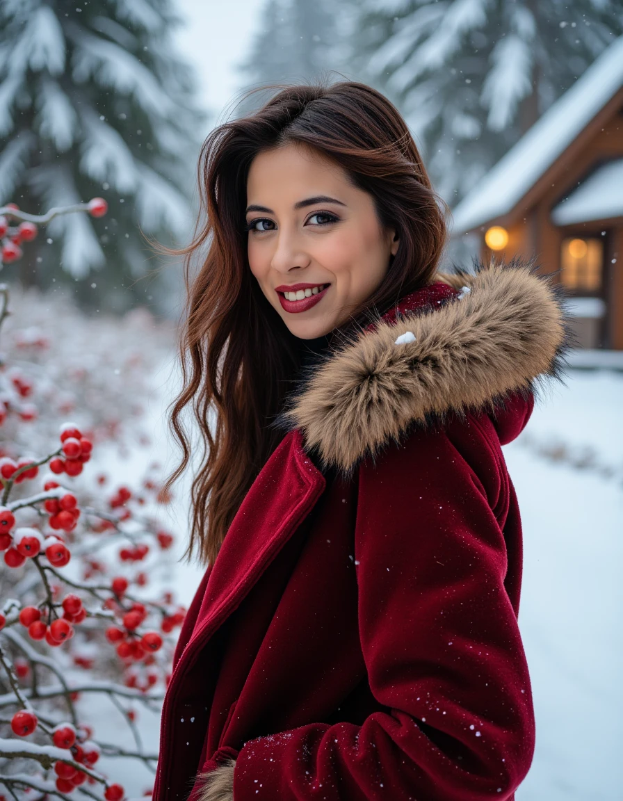 A stunning woman stands in a magical winter wonderland, surrounded by a gentle snowfall and snow-laden trees. She wears a luxurious, deep red velvet coat with a fur-lined hood that frames her face, adding warmth and elegance against the snowy backdrop. Her hair cascades in loose waves, catching a few delicate snowflakes as she gazes softly ahead with a peaceful expression. Around her, pops of color emerge from the winter landscapeâvibrant holly bushes with bright red berries, icy blue streams, and soft, golden light from a distant cabin. The scene captures a sense of beauty, warmth, and serenity amid the colorful, crisp winter surroundings.