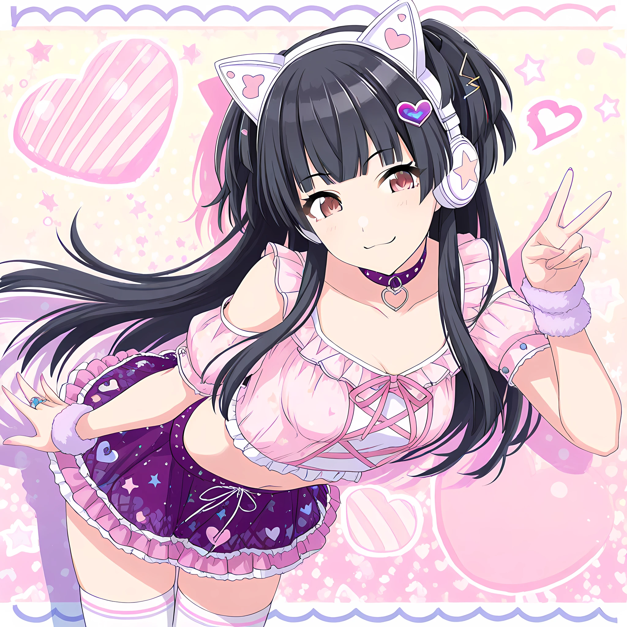 mayuzumi_fuyuko, 1girl, cat ear headphones, animal ear headphones, headphones, solo, black hair, thighhighs, fake animal ears, smile, long hair, skirt, looking at viewer, animal ears, bangs, white thighhighs, star (symbol), choker, purple skirt, jewelry, hair ornament, brown eyes, heart, frills, cybercat <lora:MayuzumiFuyukoIllustXL:1>, (masterpiece),(best quality),(ultra-detailed),(best illustration),(best shadow),(absurdres),(detailed background),(very aesthetic),