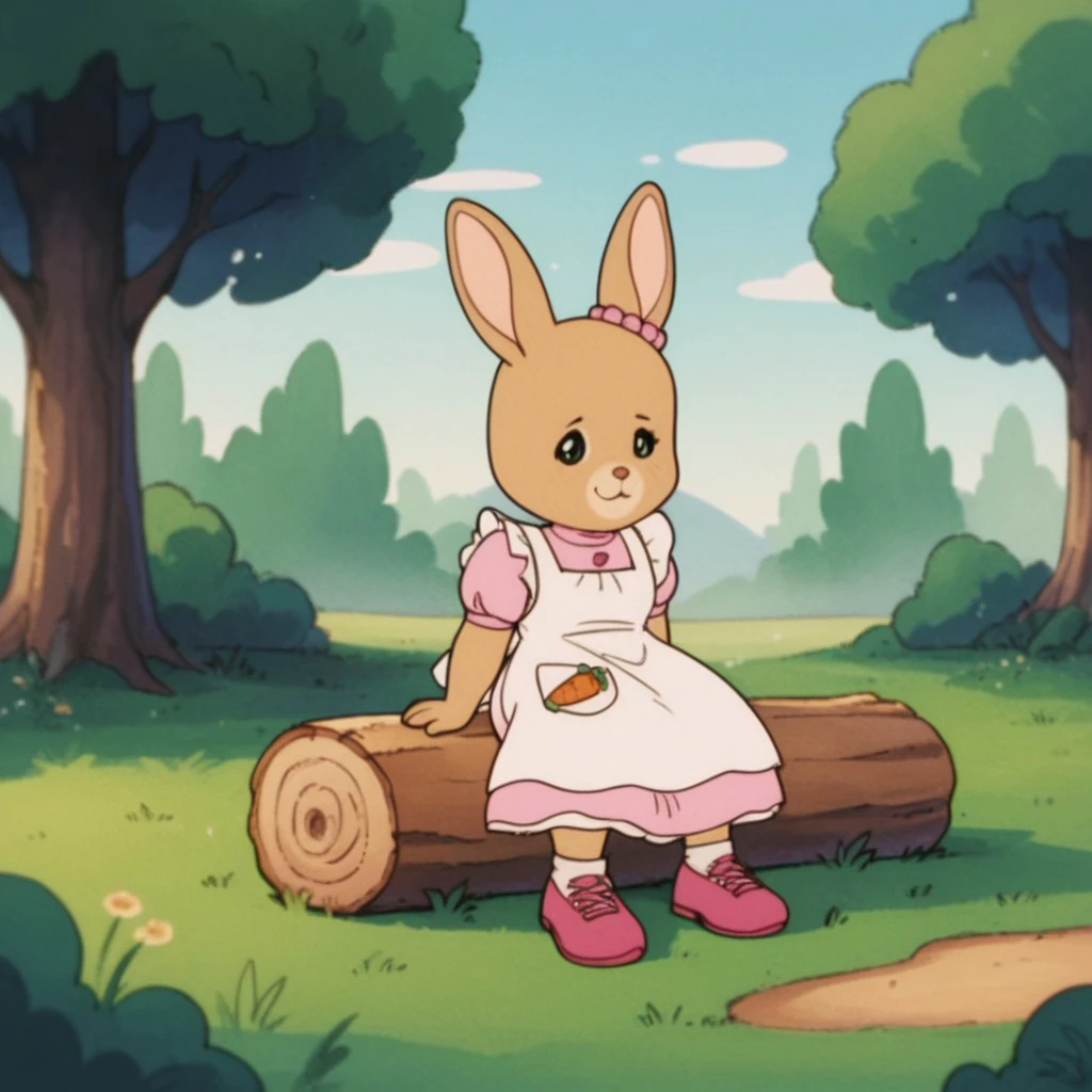 score_9, score_8_up, score_7_up, score_6_up, score_5_up, score_4_up, source_furry, PattyRabbit, anthro, female, rabbit, tan fur, pink dress, white apron, pink shoes, beaded ear ornament, sitting, outside, sitting, on a log, in a field,