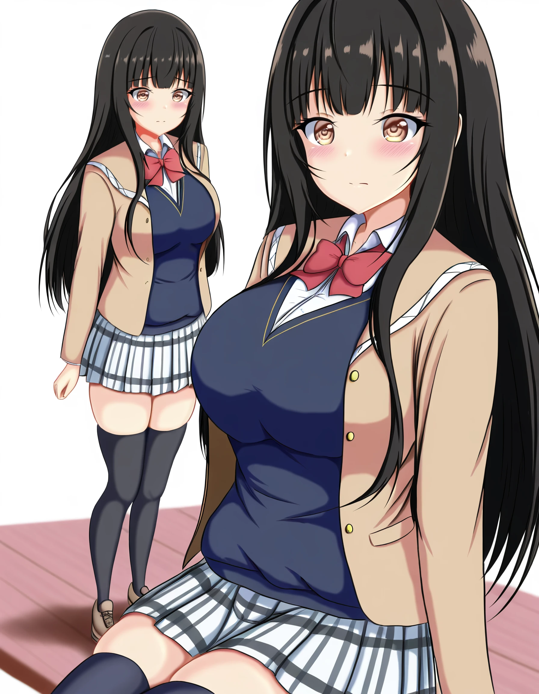 masterpiece, best quality, amazing quality,<lora:seirei_gensouki_-_miharu_ayase_il:1> ayaseschool, long_hair, black_hair, blunt_bangs, brown_eyes, school_uniform, blazer, open_jacket, collared_shirt, red_bow, plaid, plaid_skirt, pleated_skirt, zettai_ryouiki, black_thighhighs, shoes, by_montemasa, collarbone, bob_cut, large_breasts, blush, upper_body, closed_mouth, breasts, white_background, blunt_bangs, bare_arms, simple_background