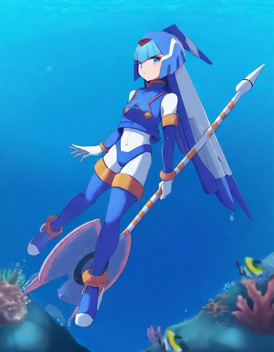 score_9, score_8_up, score_7_up, underwater, swimming, reef, holding weapon, holding polearm, <lora:StS-Illustrious-Detail-Slider-v1.0:2>  <lora:Leviathan_Mega_Man_Zero-_Illustrious:1> mmzlevi, bodysuit under clothes, blue eyes, helmet, solo, 1girl, android, thighhighs, crop top