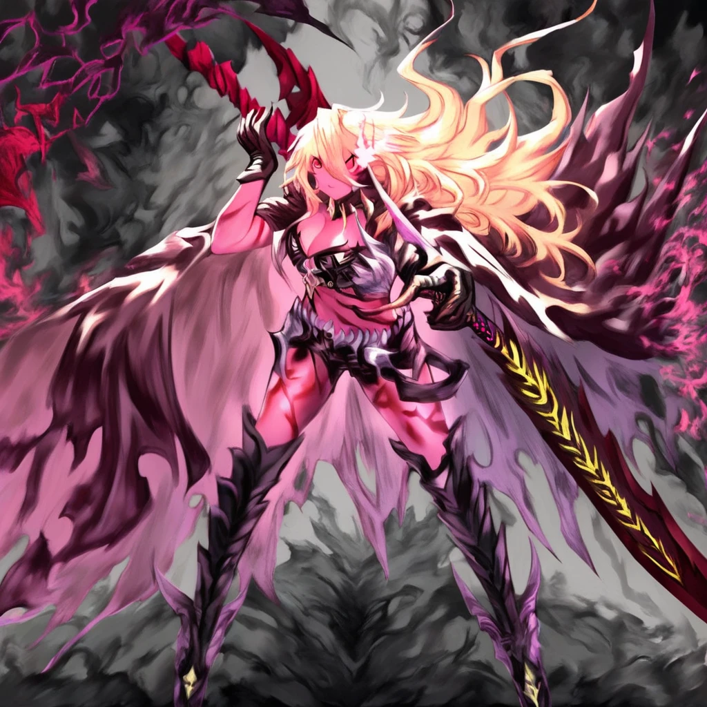 pink skin, cape, sword, weapon, guardian tales, large breasts, scar on leg, flaming eye, colored skin, holding weapon, dark skin, red skin, scar, blonde hair, gloves, hair between eyes, cleavage, red eyes, solo