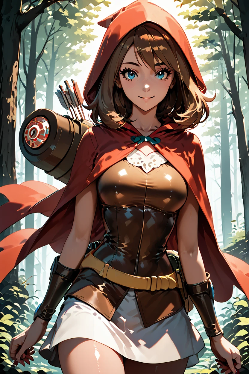 score_9, score_8_up, score_8, medium breasts, (curvy), cute, eyelashes,      ,,,  zzRedMayCitron, blue eyes, brown hair, long hair, medium hair, skirt, hood, hood up, outdoors, white skirt, red hood,  <lora:LittleRedMayPDXL:1.0>,  BREAK, smile, looking at viewer, cowboy shot, ,,, embedding:zPDXL, <lora:Hyperdriver_PDXL_v3:0.5>,