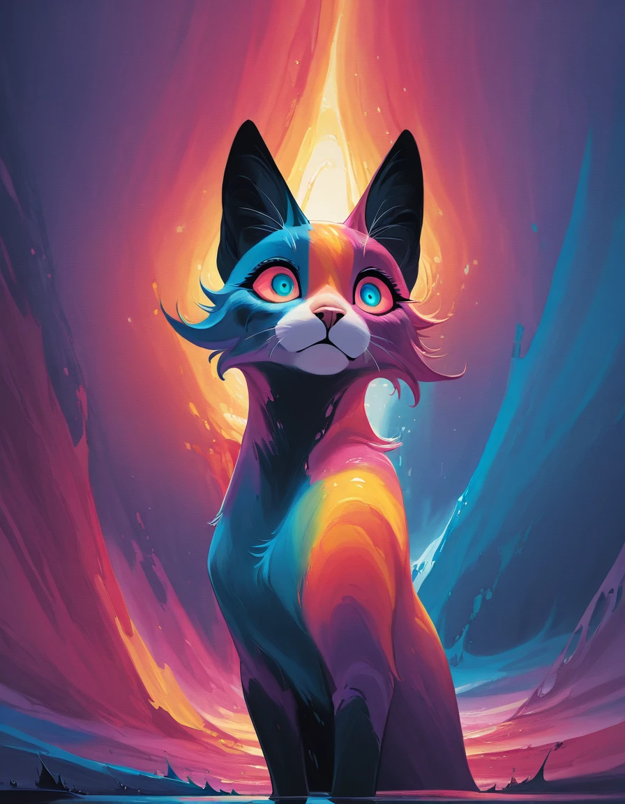 painted world,minimalist style, flawless, clean, masterpiece, professional artwork, famous artwork, cinematic lighting, cinematic bloom, background focus,  colorful splashes in the shape of a cat, painted world,(((acid trip))),  (surreal environment:1.3), no characters , upper body portrait,   <lora:Painted_World_IllustriousXL:1>