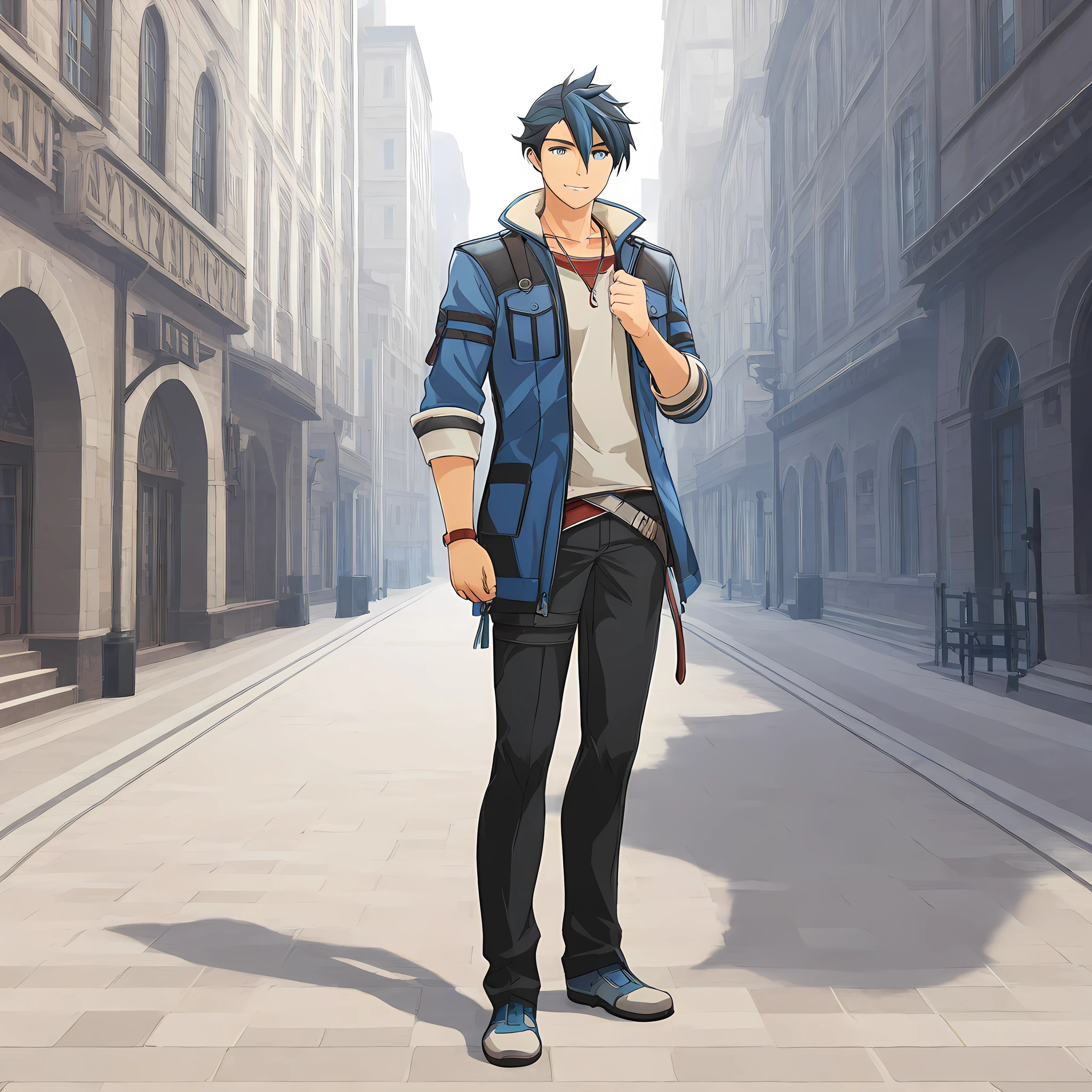 van arkride, 1boy, male focus, solo, jewelry, blue hair, necklace, blue eyes, full body, single glove, city background, smile, upper body, <lora:VanArkrideIllustXL:1>, (masterpiece),(best quality),(ultra-detailed),(best illustration),(best shadow),(absurdres),(detailed background),(very aesthetic),