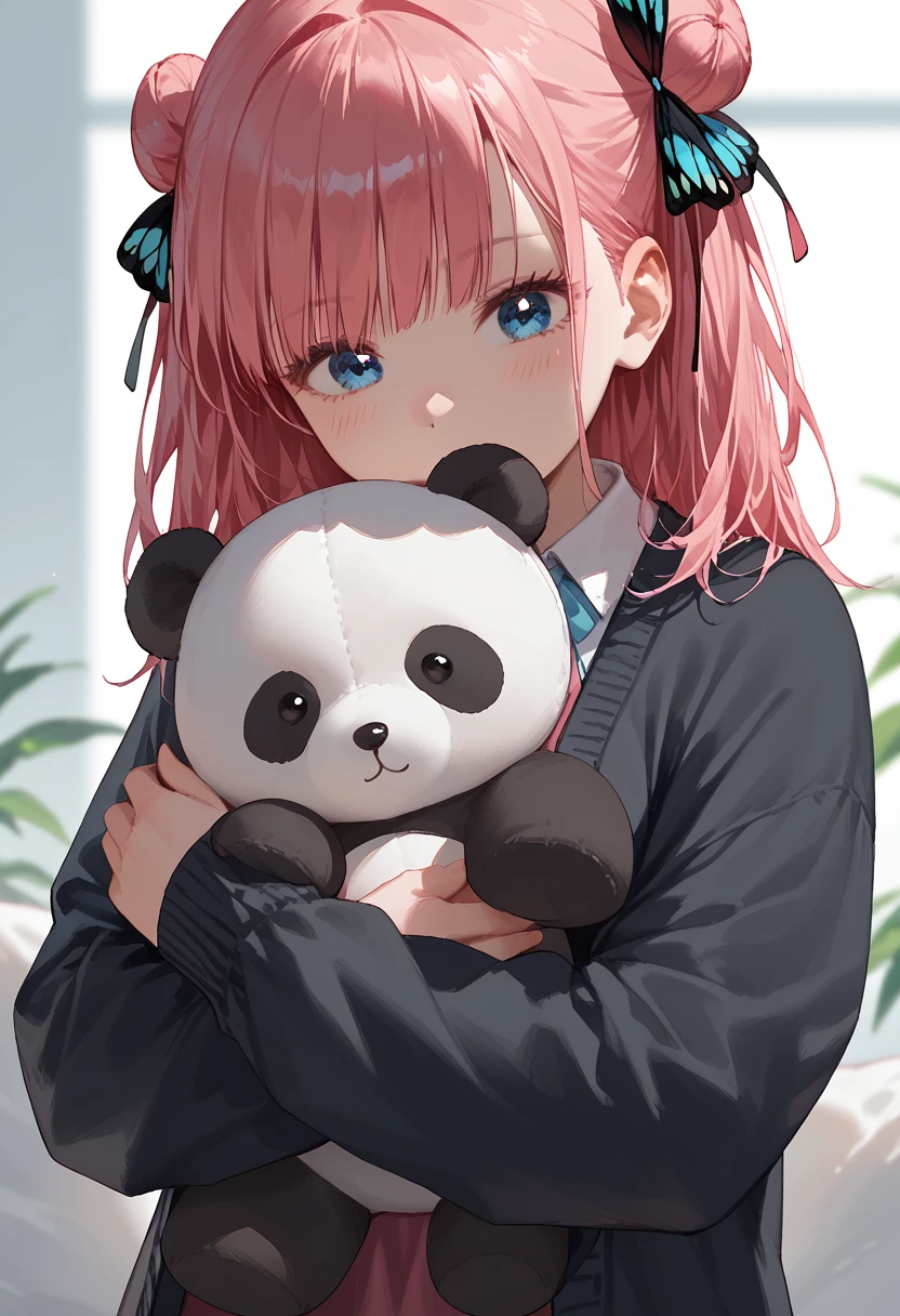 score_9, score_8_up, score_7_up, 1girl, solo, medium breasts, bangs, blue eyes, hair ornament, hair ribbon, pink hair, butterfly hair ornament, open clothes, open cardigan, black cardigan, hug, panda, stuffed panda, <lora:hugging_panda:1>