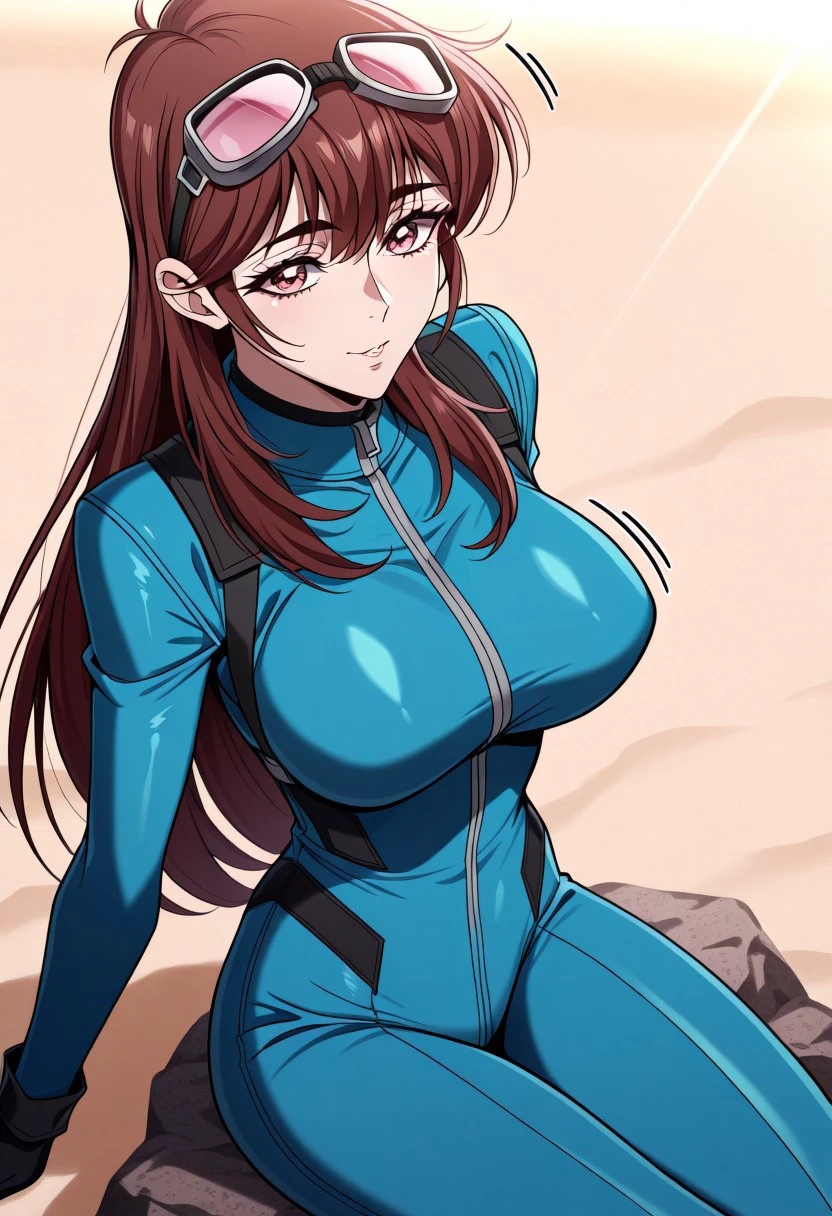 masterpiece, best quality, newest, highres, uncensored, 1girl, yokota mamoru style,1girl, slender face，motion lines,
 Kitazawa Makiko, brown hair, long hair, large breasts, pink eyes,Slim,bang,The long bangs in the middle,Straight bangs
1girl, green-diving-suit, goggles on head, brunette, brown-eyes, beach, sitting, on-rock, tide, long-hair, absurdres, highly-detailed, best quality, masterpiece, very aesthetic，1girl，solo