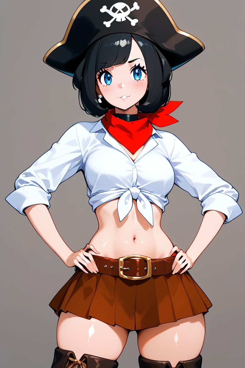 score_9, score_8_up, score_8, medium breasts, (curvy), cute, eyelashes,      ,,,  zzSSeleneCitron, blue eyes, black hair, short hair,  shirt, hat, white shirt, pirate hat, skirt, thighhighs, boots, belt, brown skirt,  <lora:SwashbucklerSelenePDXL:1.0>, BREAK, solo, thighhighs, navel, jewelry, medium breasts, cowboy shot, earrings, parted lips, shorts, choker, midriff, armor, short shorts, skindentation, black choker, shoulder armor, ,,, abstract background,  ,,, hand on hip, ,,, embedding:zPDXL, Expressiveh, ,,, <lora:Halphelt_PDXL-000008:0.8>, <lora:Uncensored_PonyXL_cpt_v02.09:0.4>, <lora:Expressive_H-000001:0.4>,