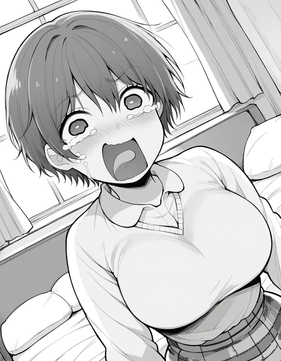 score_9, score_8_up, score_7_up, source_anime, <lora:tsubomi-haruno-manga-ponyxl-lora-nochekaiser:1>, tsubomi haruno, short hair, bright pupils, large breasts, monochrome, greyscale,, skirt, plaid, plaid skirt, sweater, long sleeves, shirt, white shirt, collared shirt,, bedroom, bed, pillows, nightstand, window, smile, <lora:crying-aqua-ponyxl-lora-nochekaiser:1> crying aqua, crying aqua (meme), screaming, crying, crying with eyes open, tears, tongue, open mouth,, looking at viewer, solo,, dutch angle, cowboy shot