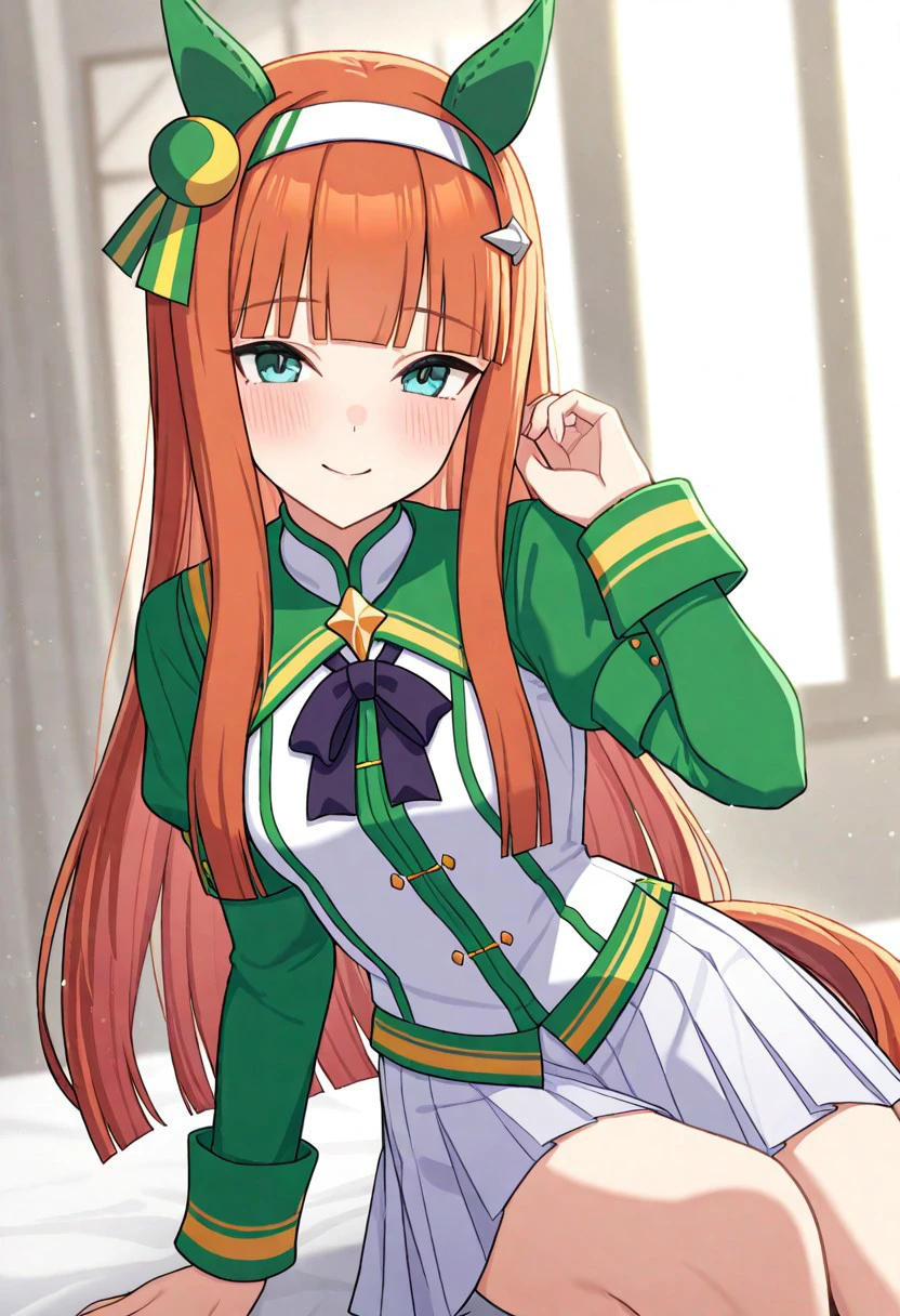 masterpiece, best quality, 32k, high resolution, absurdres, silence suzuka (umamusume), 1girl, solo, looking at viewer, blush, ear covers, hairband, hair ornament, smile, closed mouth, small breasts