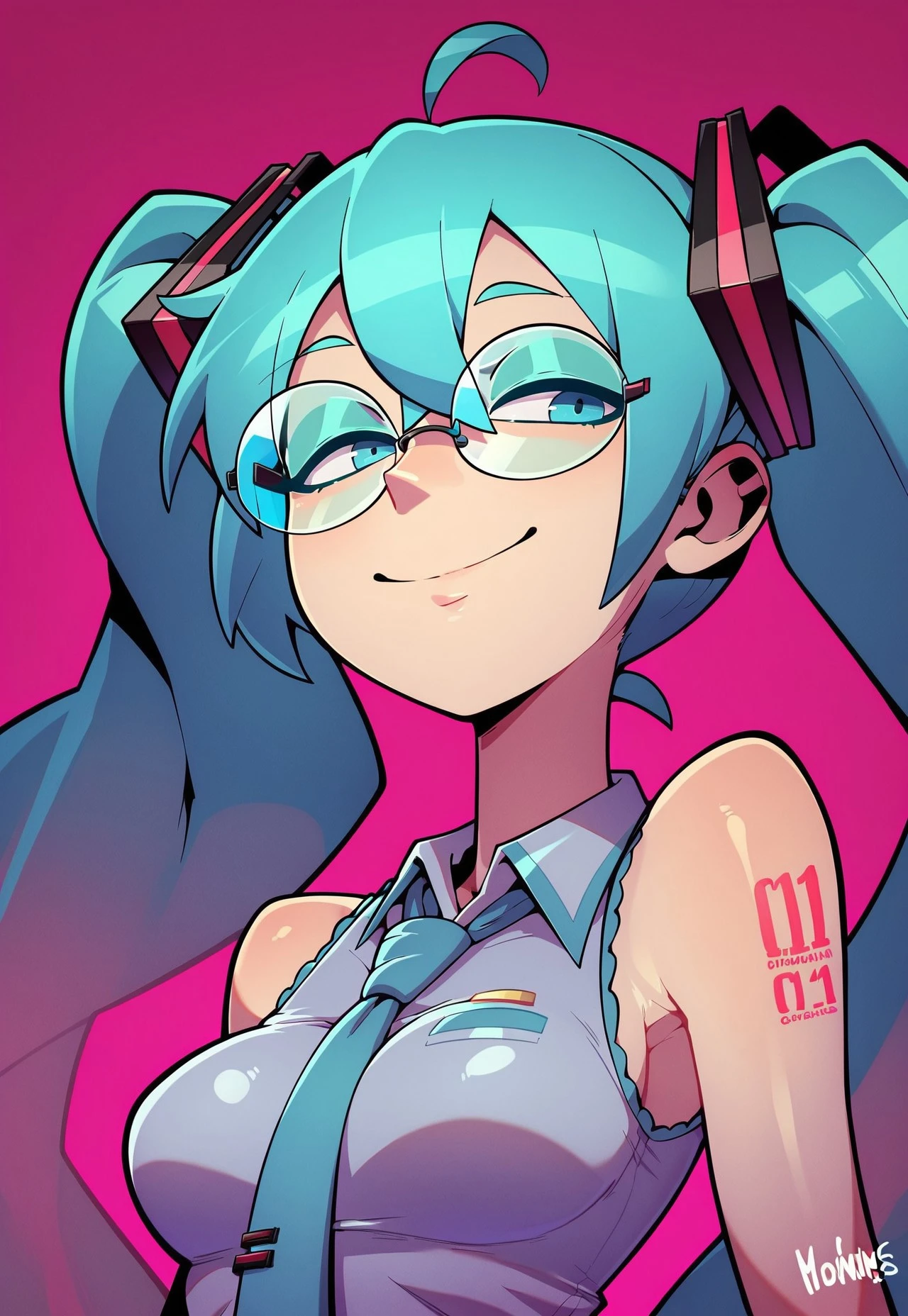 score_9, score_8_up, score_7_up, 1girl, solo, hatsune miku, [ahoge], aqua eyeshadow, glasses, semi-rimless eyewear, nerd, light smile, half body, dynamic angle, 