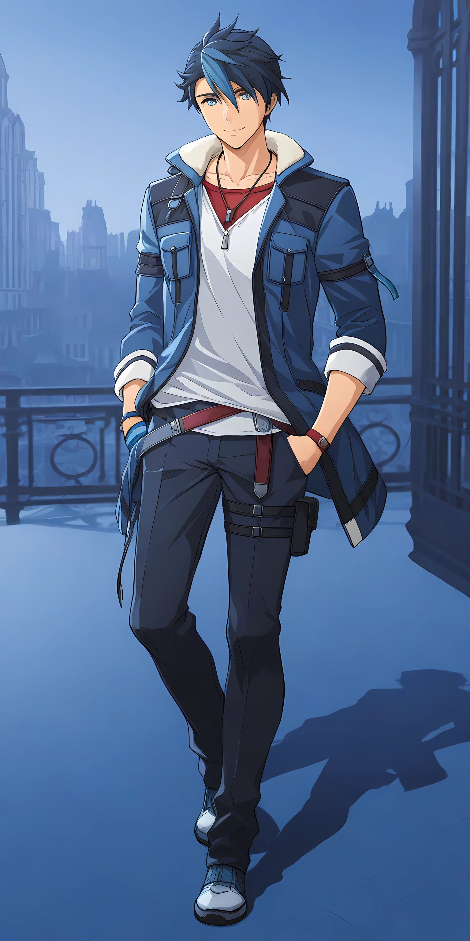 van arkride, 1boy, male focus, solo, jewelry, blue hair, necklace, blue eyes, full body, single glove, city background, smile, full body, midnight, <lora:VanArkrideIllustXL:1>, (masterpiece),(best quality),(ultra-detailed),(best illustration),(best shadow),(absurdres),(detailed background),(very aesthetic),