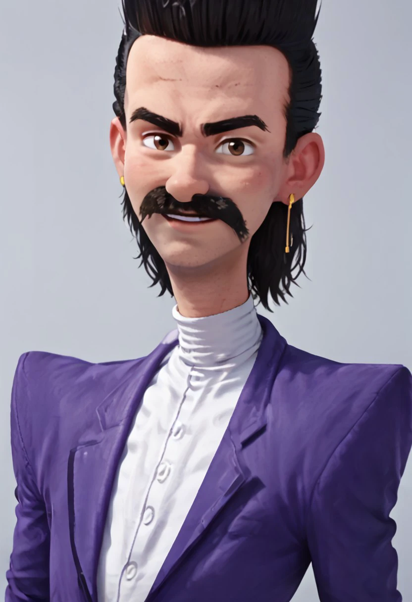 Balthazar Bratt, Black hair, moustache, mullet, Ear Piercing, Skinny, Male, Bushy Eyebrows, portrait, solo