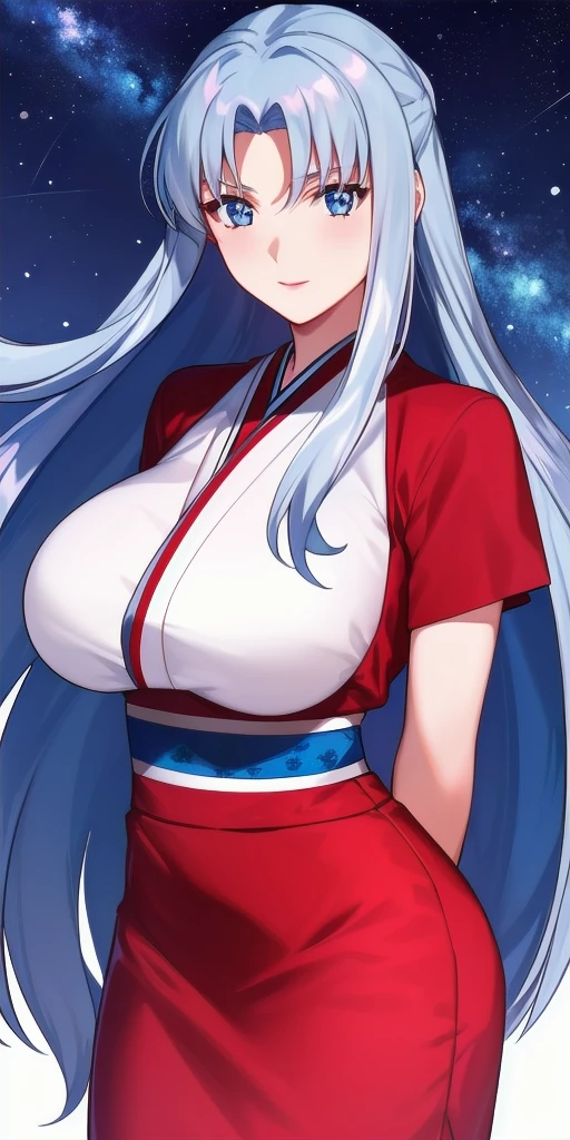 <lora:SyliaV8:0.7> sylia_stingray, huge_breasts, standing, solo, starry_sky, arms_behind_back, japanese_clothes,, masterpiece, best_quality, detailed_face, detailed_eyes, highres, beautiful, detailed, absurdres,