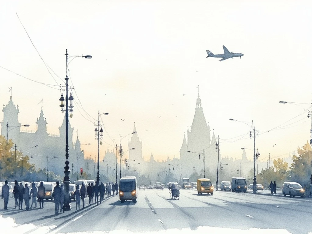 WTRCLR, watercolor, plane flying over city