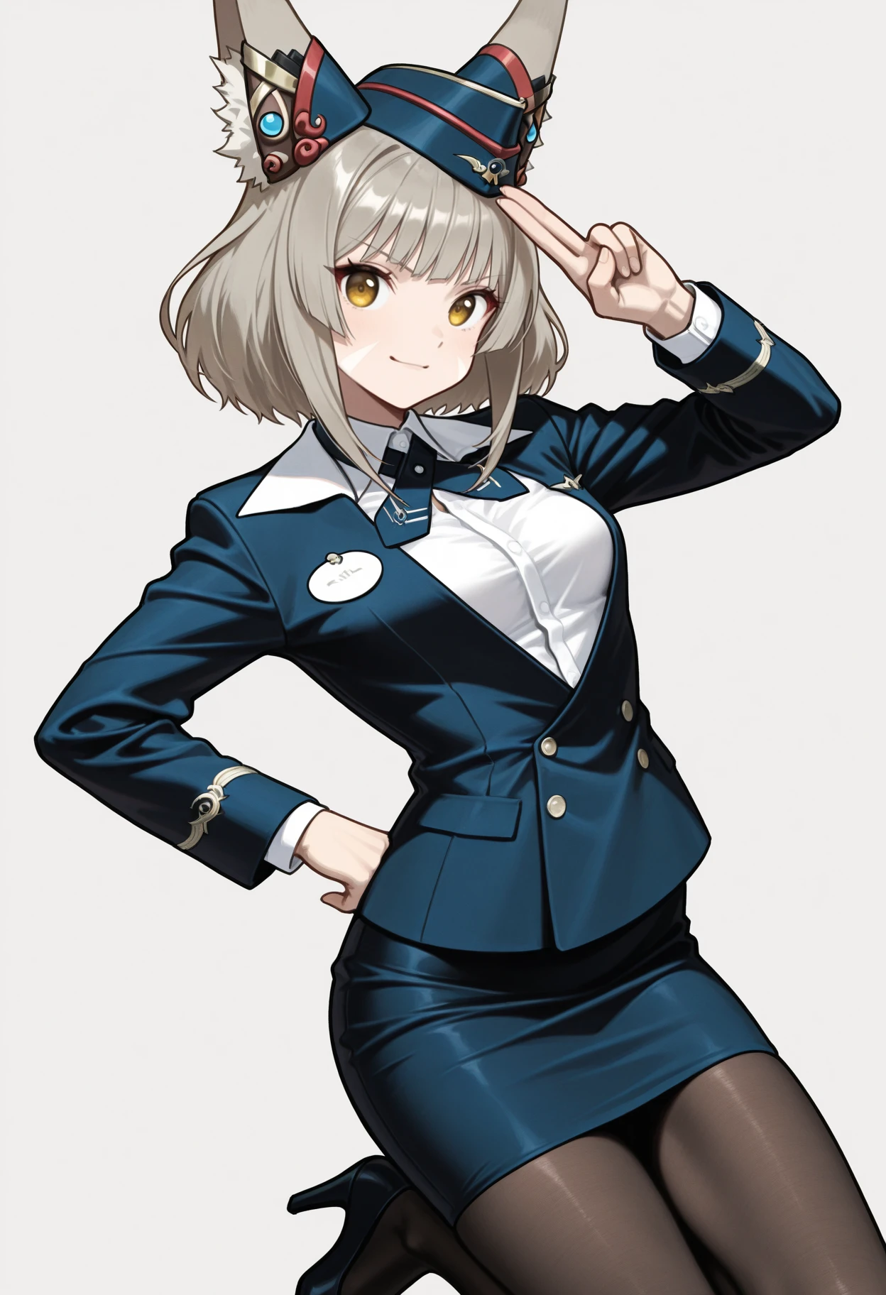 1girl, solo, nia \(blade\) \(xenoblade\), cowboy shot, <lora:Outfit_Soph-Aeroflot-ILXL45:0.9> st3w4rd3ss, blue jacket, formal, white shirt, garrison cap, pencil skirt, black pantyhose, high heels, two-finger salute, masterpiece, best quality, very aesthetic, newest