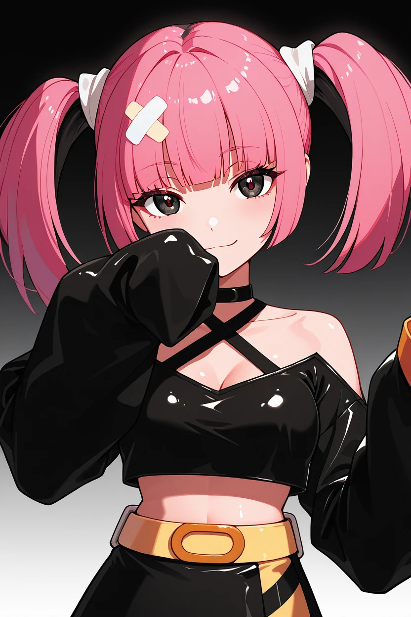 masterpiece, best quality, 1girl, solo, 21 year old model, eyelashes, (beautiful eyes), zzSango, pink hair, twintails, blunt bangs, hair ornament, belt, long sleeves, sleeves past fingers, black skirt, black choker, black crop top, bare shoulders, yellow belt, bandaid, midriff, collarbone,   <lora:SangoPokemonIXL_v1:1.0>, upper body, smile, looking at viewer, shiny skin,