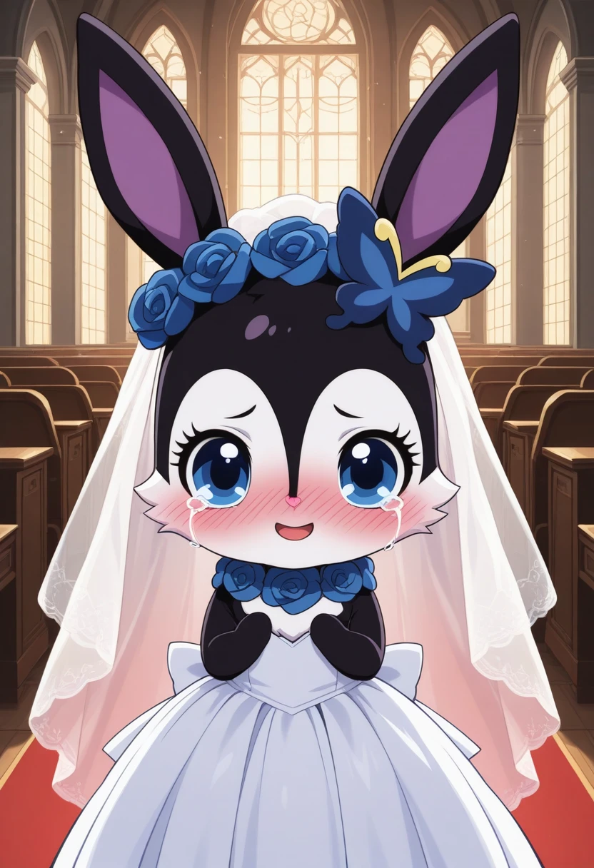 best quality, masterpiece, luea, feral, solo, blue eyes, rabbit, furry, rabbit ears, black fur, purple inner ear, white chest fur, white face, chibi, body fur, (blue butterfly hair ornament), (blue rose necklace), 1girl, looking at viewer, church, wedding dress, wedding veil, crying, blush, deep blush, nose blush, happy